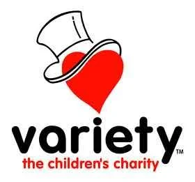Heart with a top hat above the word 'variety' and the tagline 'the children's charity' below.