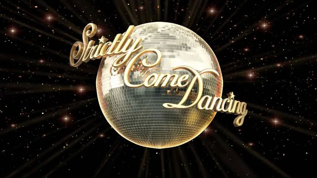 A glittering disco ball against a starry black background with golden words: "Strictly Come Dancing".