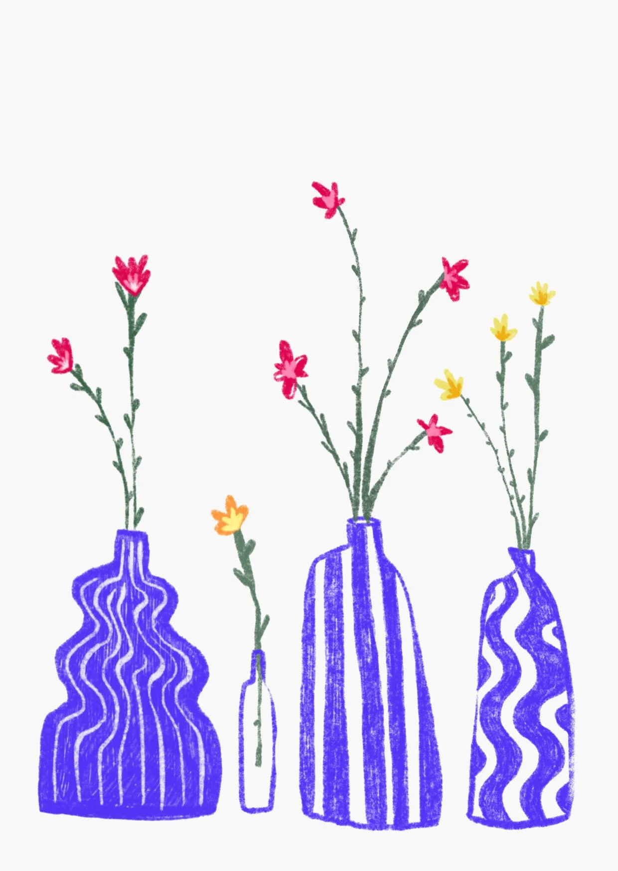 Drawing of four colorful vases with flowers, each vase is a different shape and decorated with blue and purple stripes or wavy patterns. The flowers in the vases are red, yellow, and orange.