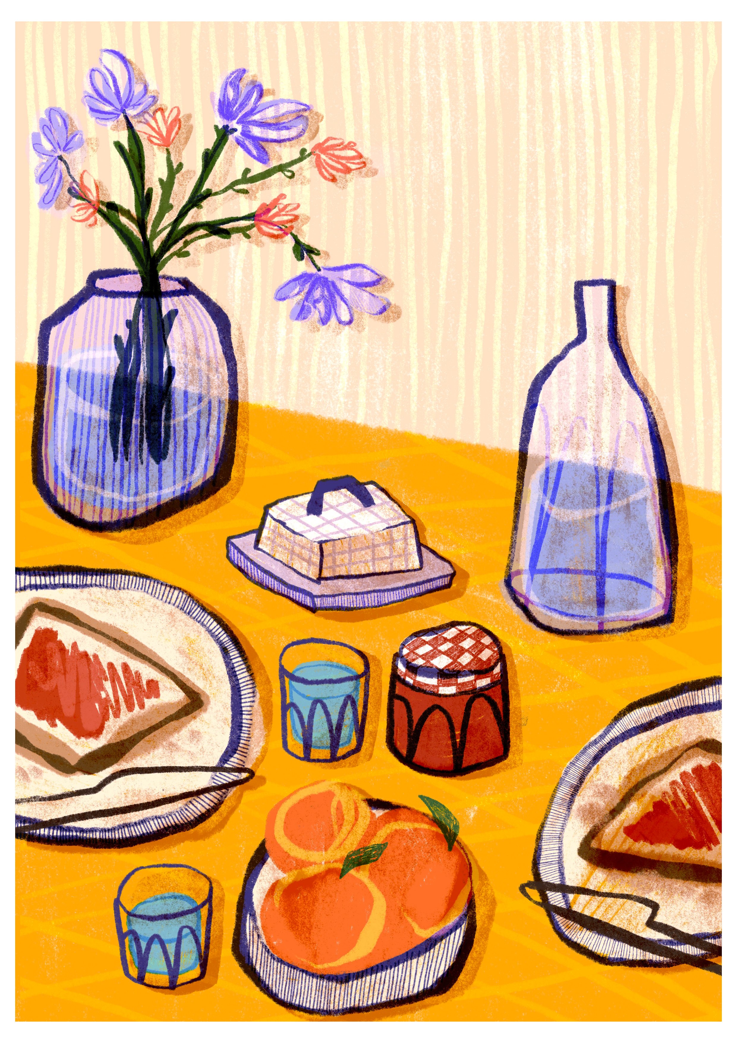 A colorful, artistic drawing of a table set with a vase of purple and orange flowers, a bottle, a cake, two glasses of water, jars, oranges, and plates with slices of cake, against a striped background.