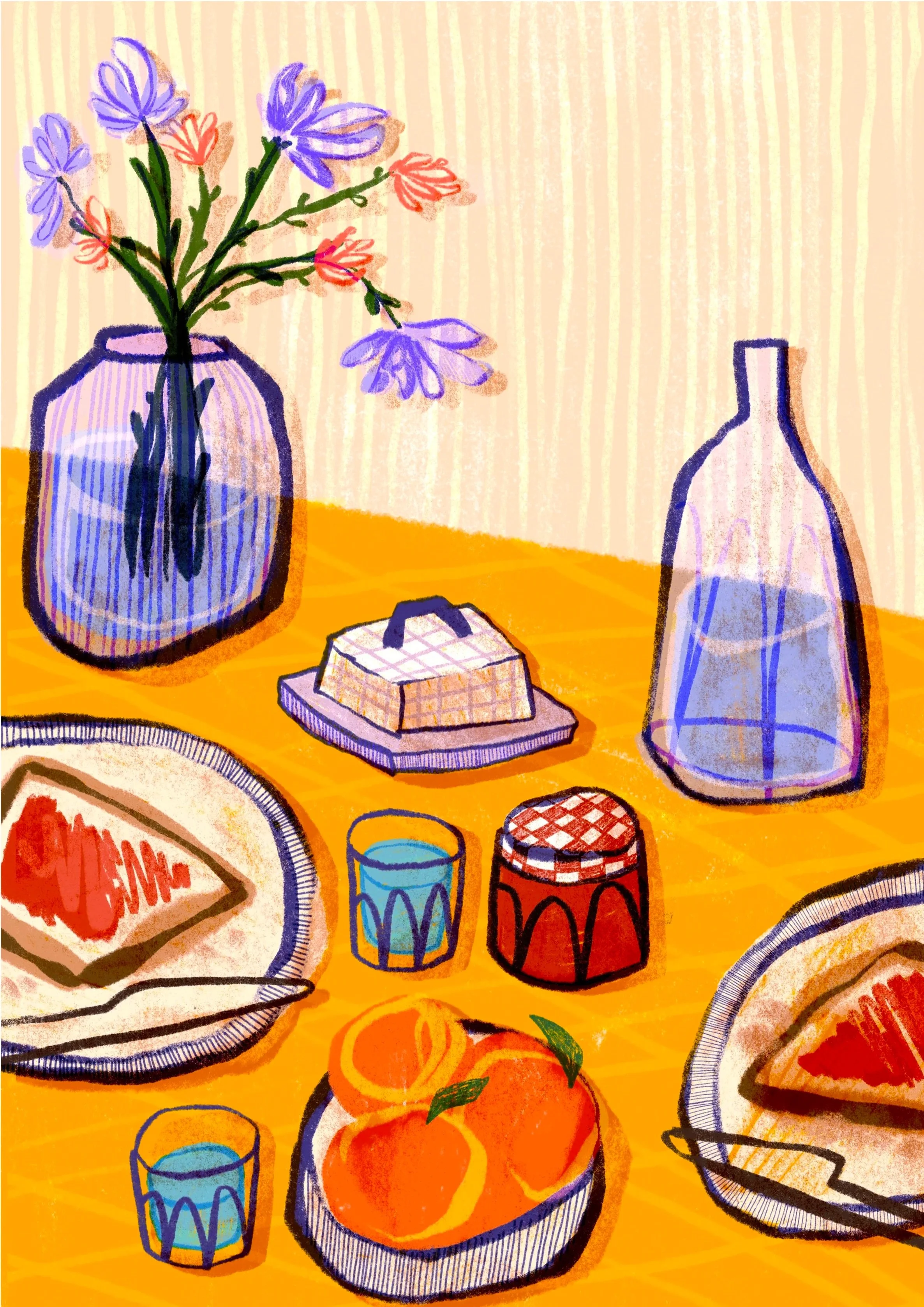 A colorful, artistic drawing of a table set with a vase of purple and orange flowers, a bottle, a cake, two glasses of water, jars, oranges, and plates with slices of cake, against a striped background.