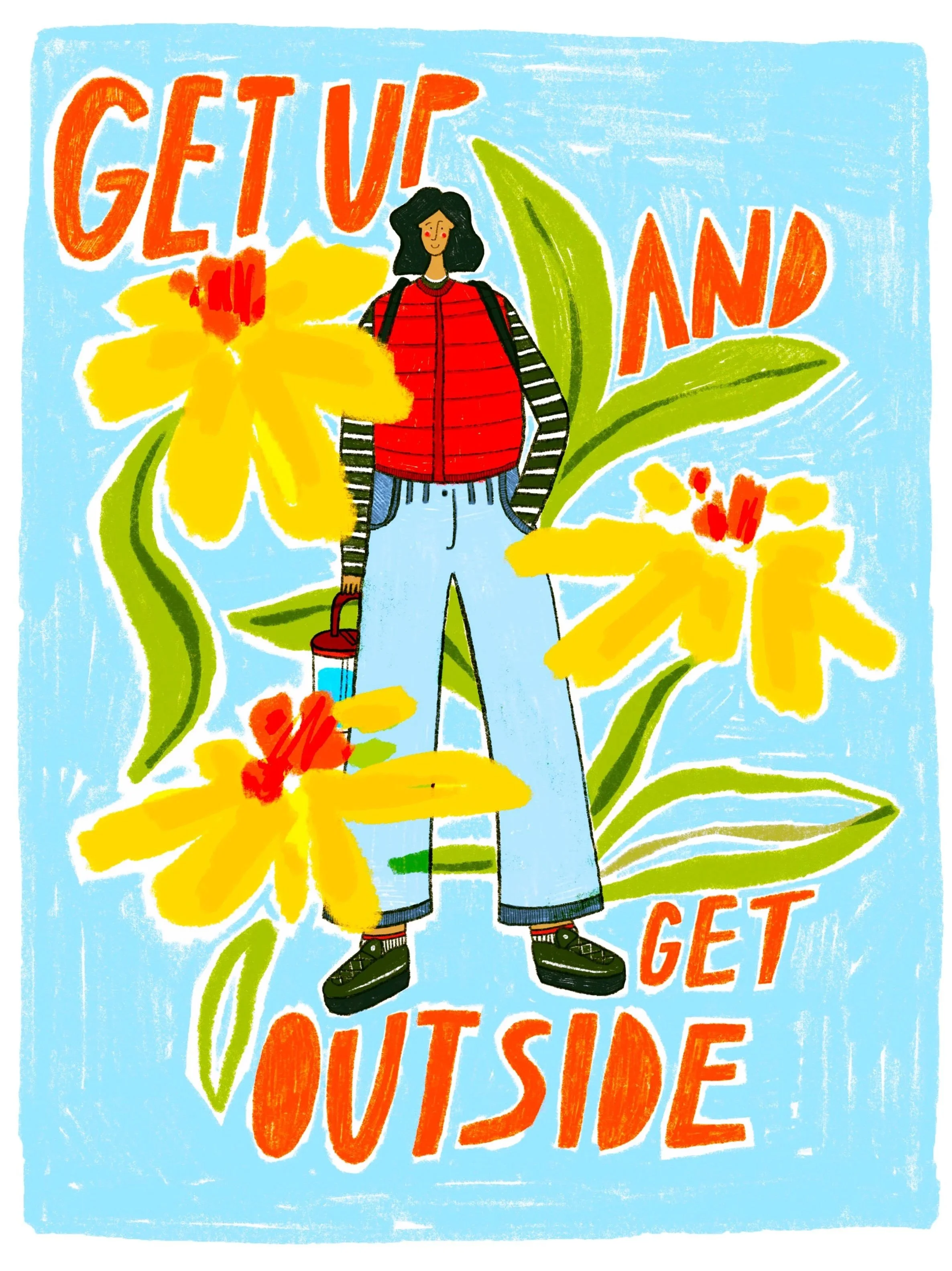A colorful illustration of a person standing among large yellow flowers with green leaves. The person is wearing a red puffer jacket, striped long-sleeve shirt, light blue wide-leg jeans, and black shoes. They are holding a small red bag. The backgro