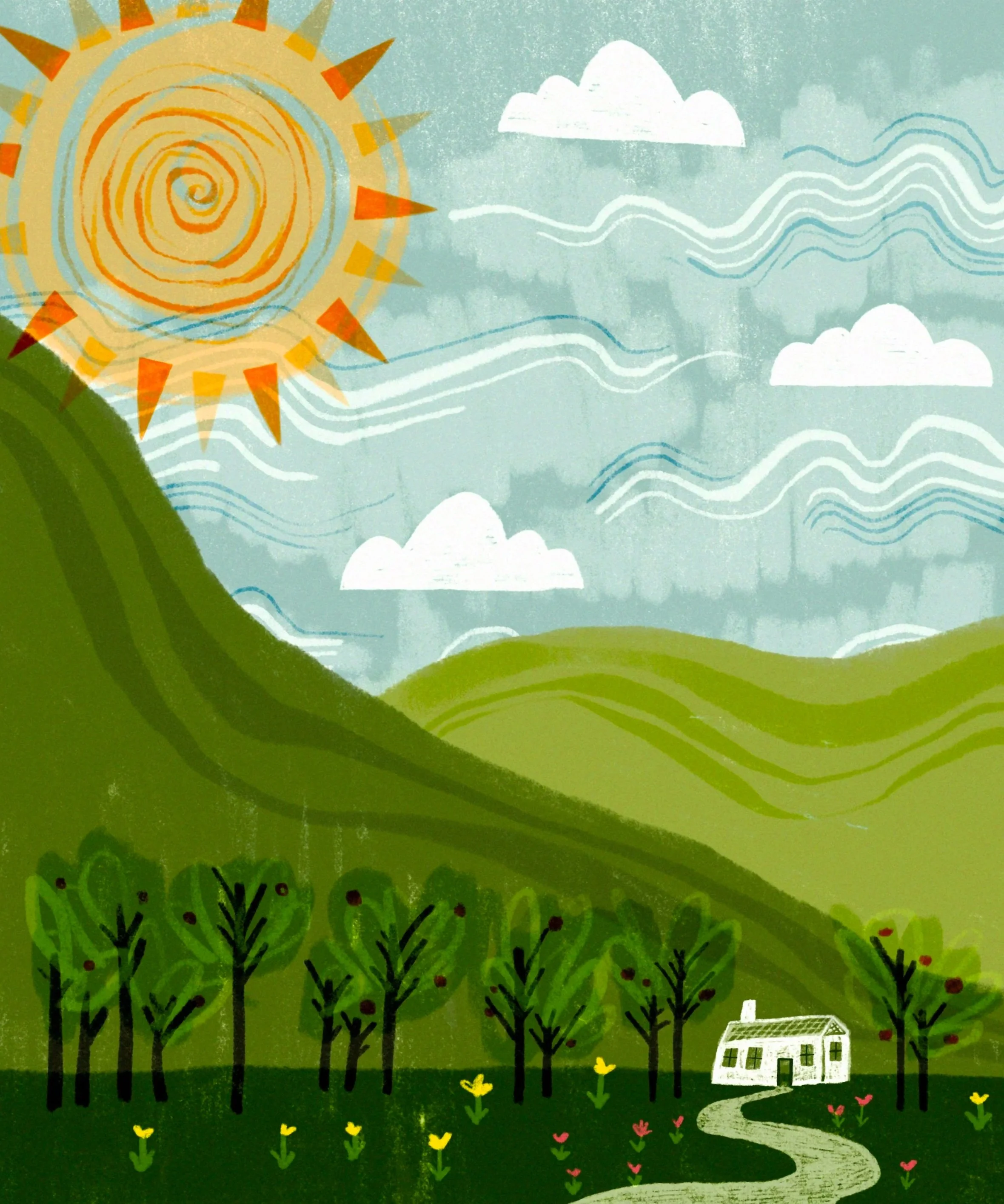 Colorful illustration of a sunny day over rolling hills with a small house, trees, flowers, clouds, and a bright sun in the sky.