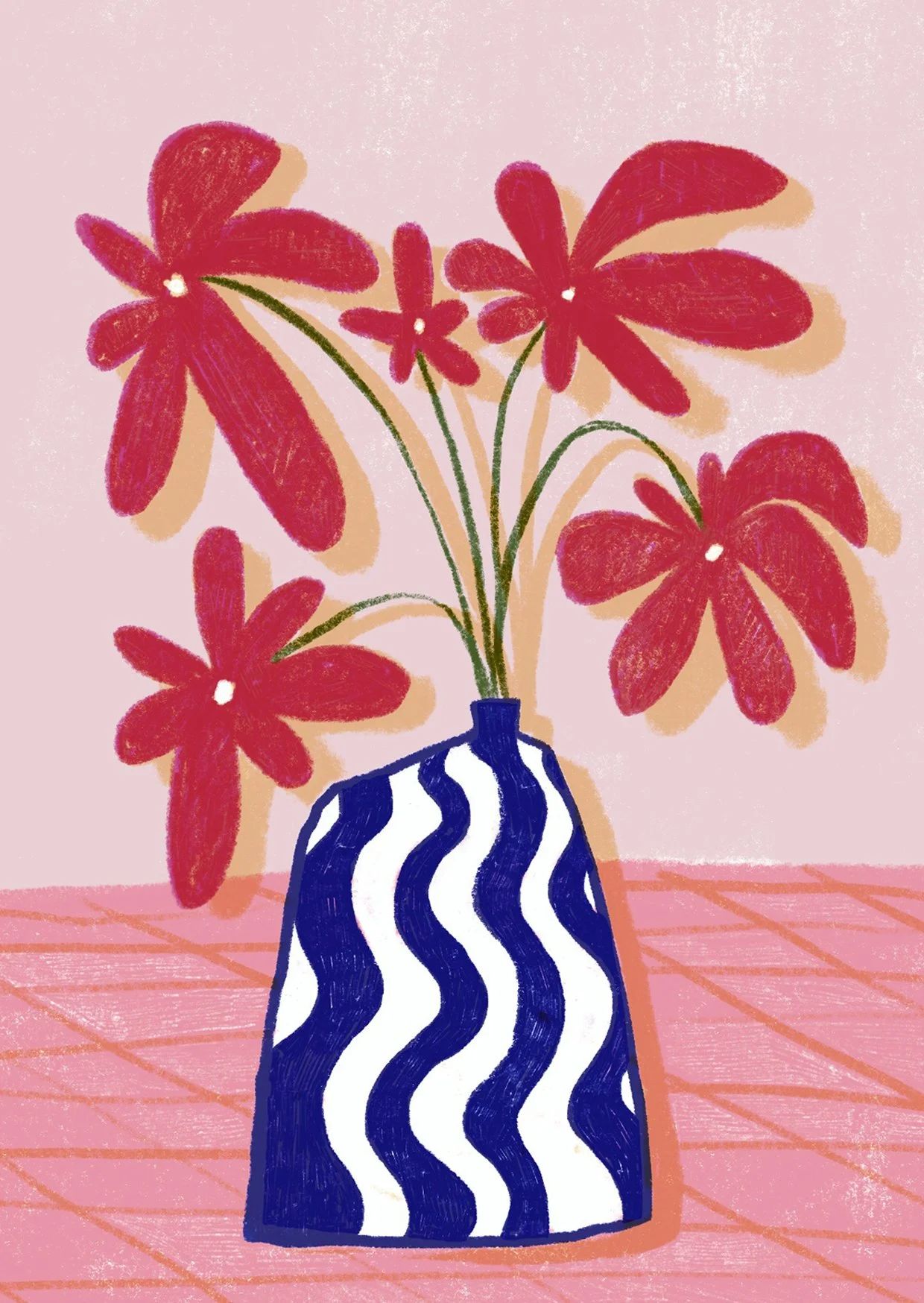 Stylized digital illustration of a bouquet of red flowers in a blue and white wavy striped vase on a pink table with a pink background.
