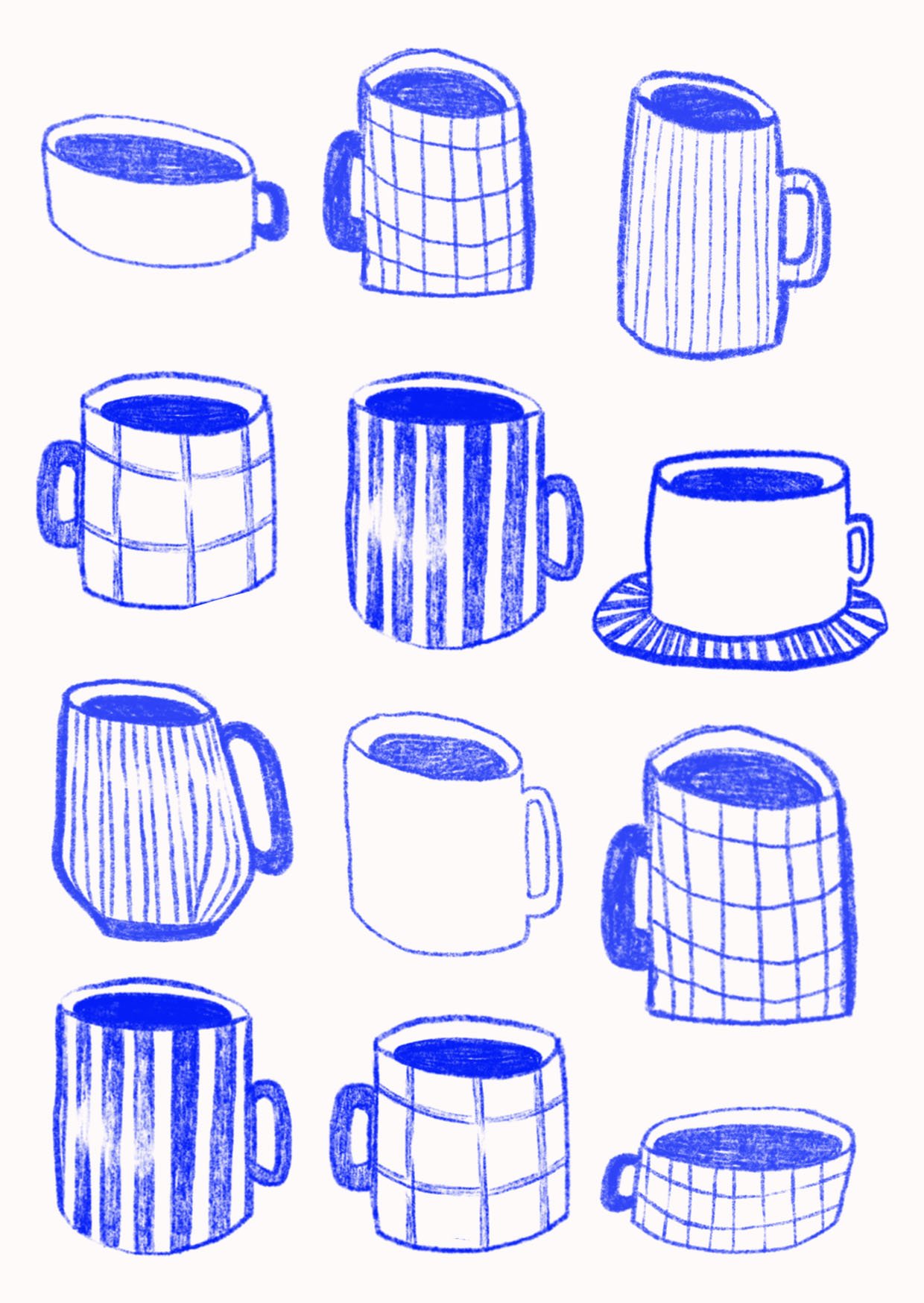 A collection of various mugs and cups, illustrated in blue ink with different patterns and shapes, arranged in a grid-like manner.