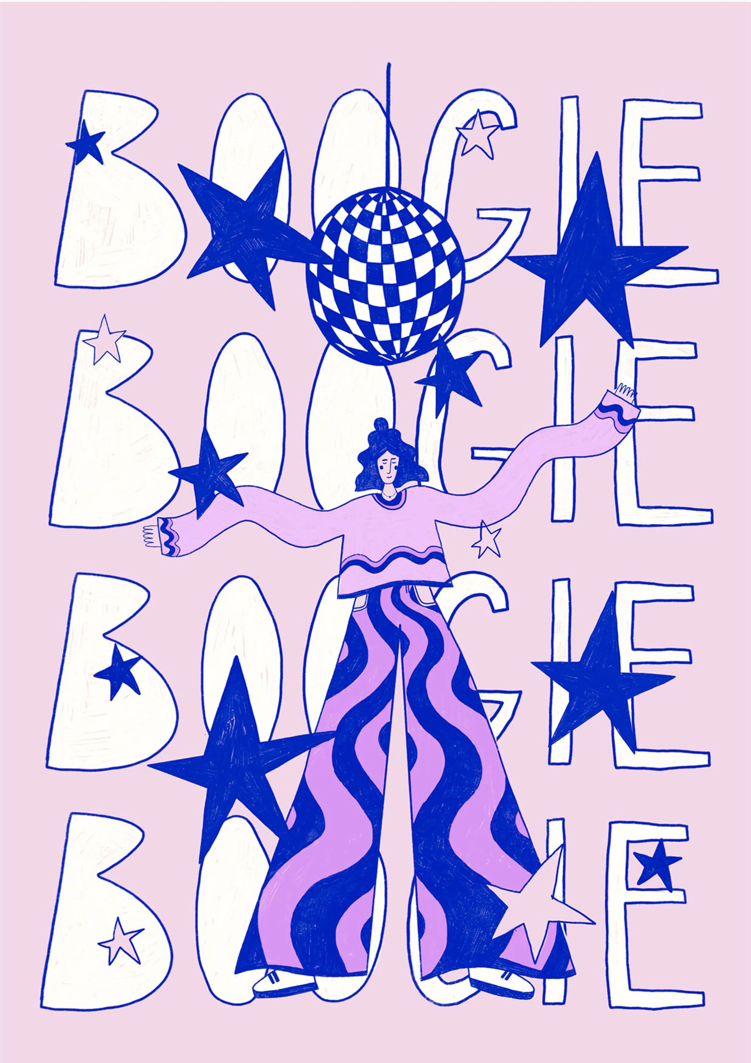 A colorful illustration with the words 'BOOGIE BOHEME' written in large, stylized letters, a woman with an afro hairstyle dancing with outstretched arms, surrounded by stars and a disco ball, on a pink background.