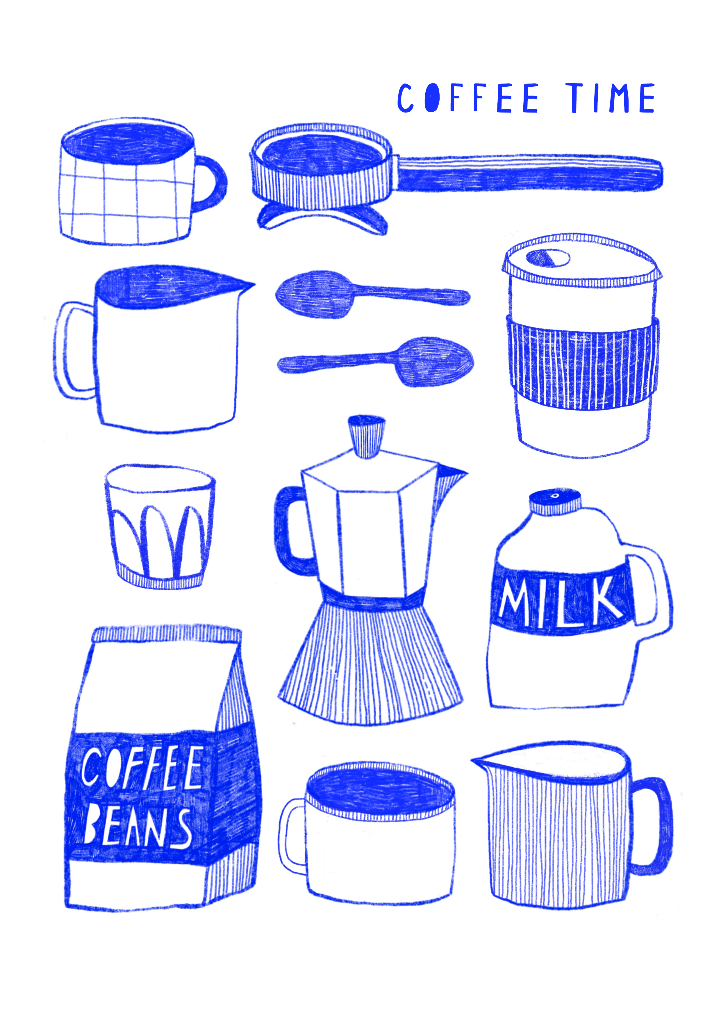 A collection of blue coffee-related illustrations, including cups, a coffee pot, a coffee grinder, spoons, a coffee bean bag, a milk container, and the text "COFFEE TIME" at the top.