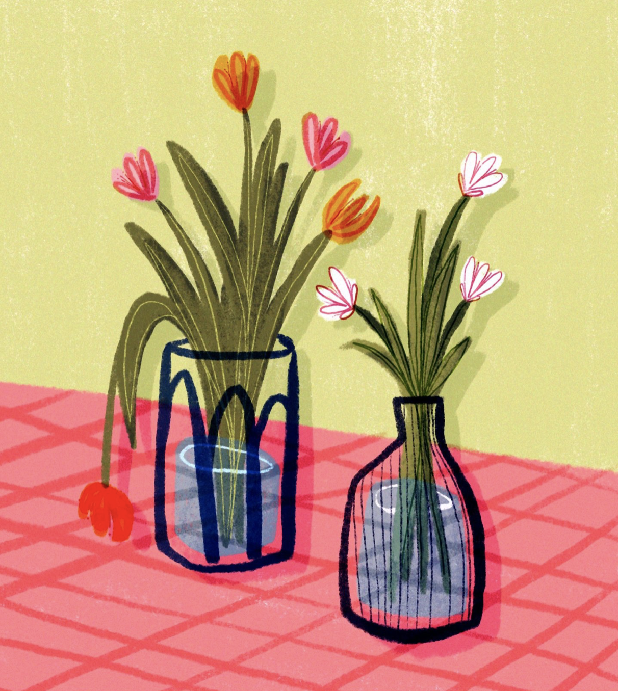 Digital illustration of two vases with flowers on a pink tablecloth with a checkered pattern against a yellow background.