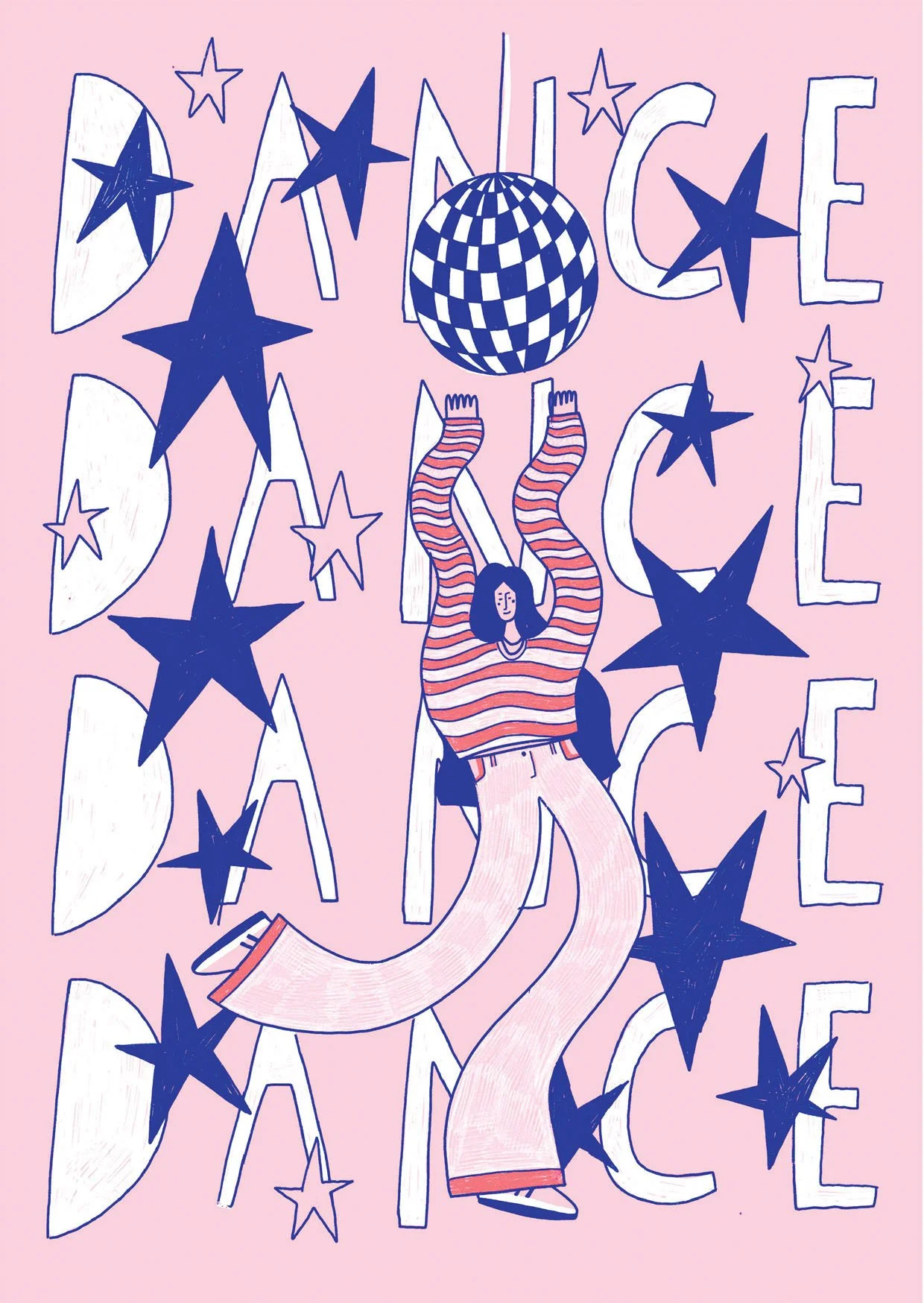 A colorful illustration with a woman dancing under a disco ball surrounded by stars. The background is pink with the phrase 'Dance Like Nobody's Watching' scattered around.