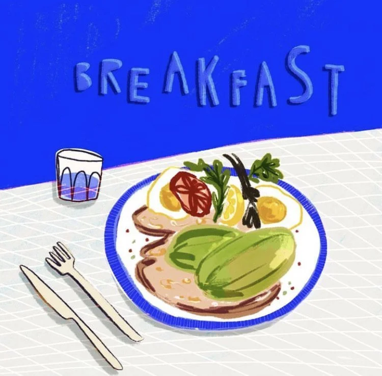 A plate of breakfast food with eggs, avocado slices, and some greens, next to a glass of water on a table with a white grid pattern, and a fork and knife placed beside the plate, with the word 'BREAKFAST' on a blue background in the background.