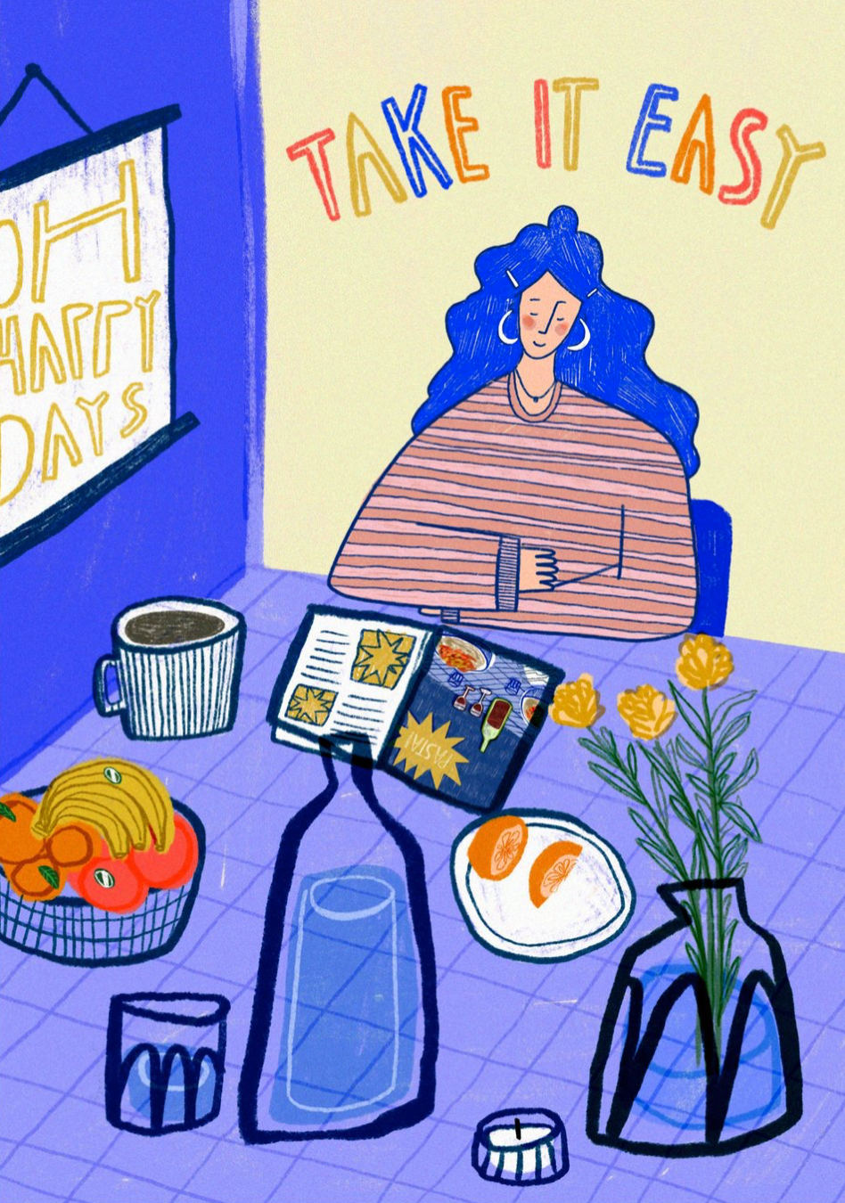 An illustration of a woman with long blue hair sitting at a table with a cup of coffee, a magazine, a plate with two orange slices, a vase with yellow flowers, a basket of bananas and oranges, a glass, and a candle. 