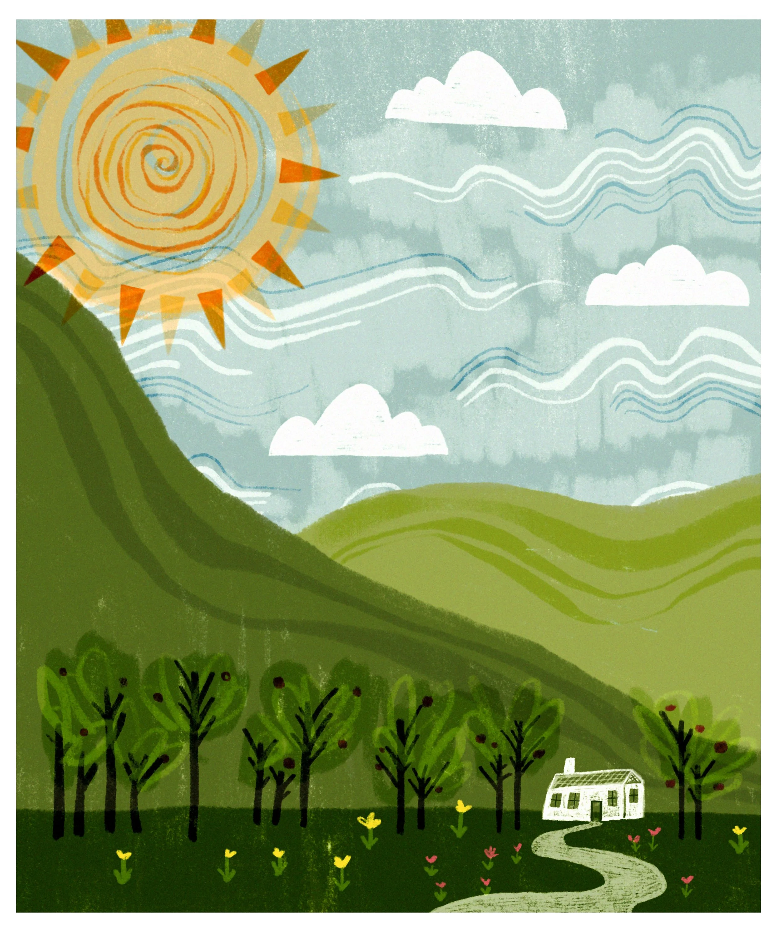 Colorful illustration of a sunny day over rolling hills with a small house, trees, flowers, clouds, and a bright sun in the sky.