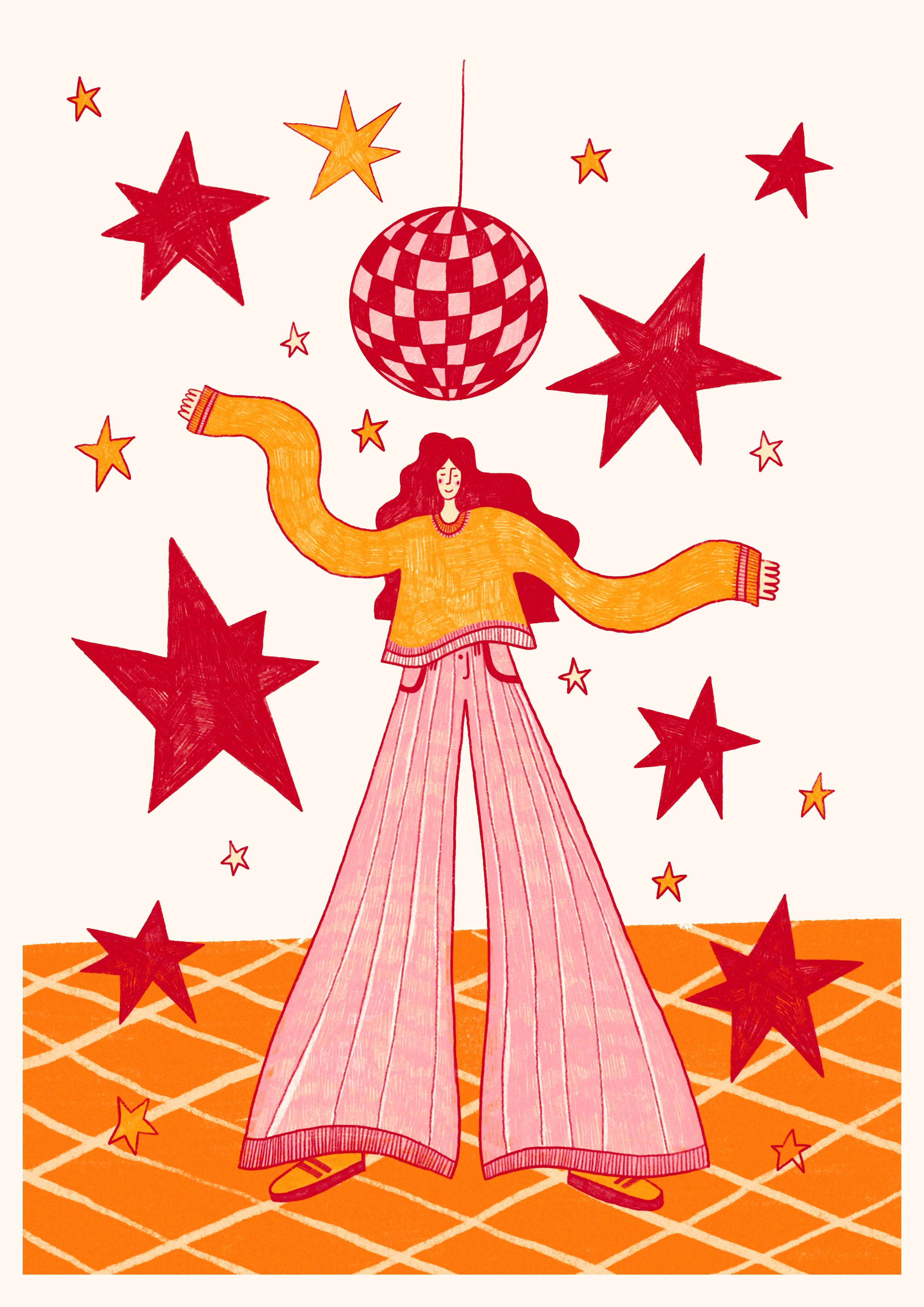 Illustration of a woman with long hair dancing under a disco ball, surrounded by red and yellow stars on a patterned orange floor.