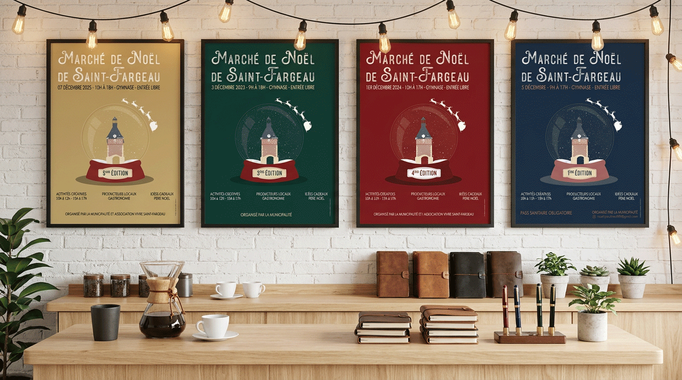COMMUNE DE SAINT-FARGEAU/SEPTFONDS - Création de l'affiche du Marché de Noël avec déclinaison pour chaque édition.