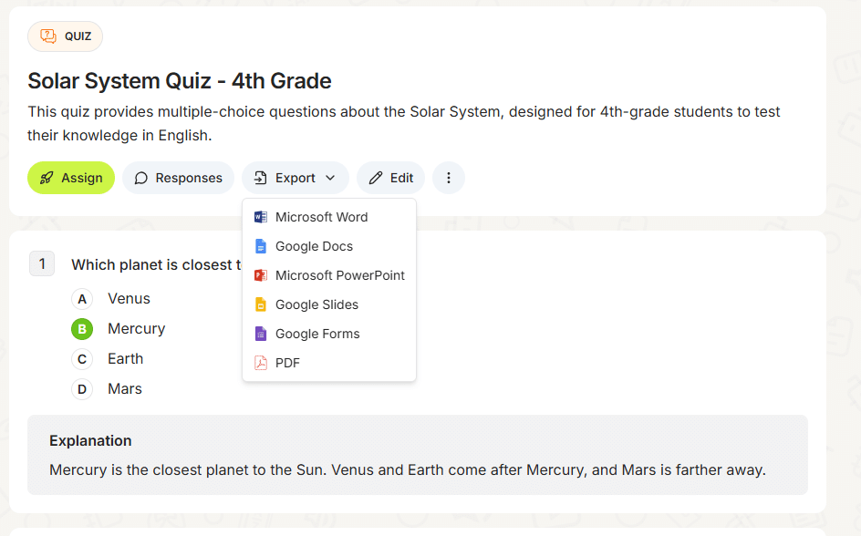 sample of solar system quiz made in Edcafe AI