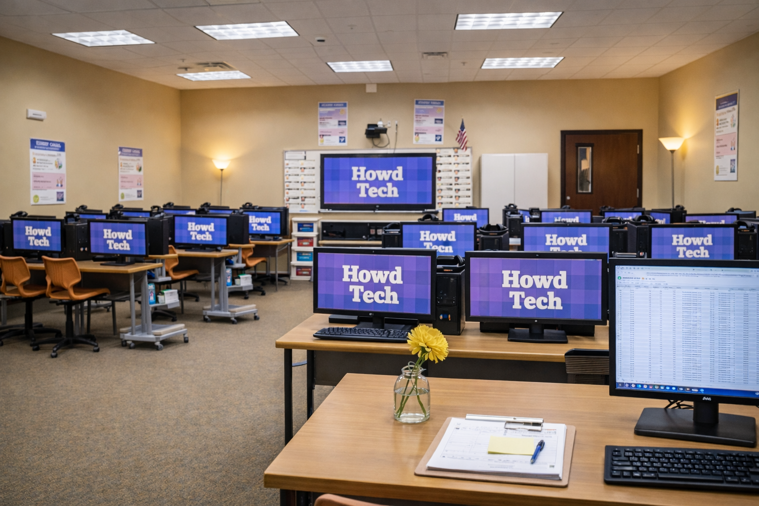 A classroom filled with computers on desks, each monitor displaying 'Howard Tech.' There are chairs, posters on the walls, a large screen at the front, and a single flower in a jar on the desk in the foreground.