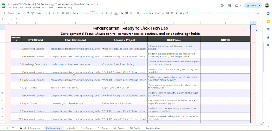 moving image demonstrating the google sheet curriculum map