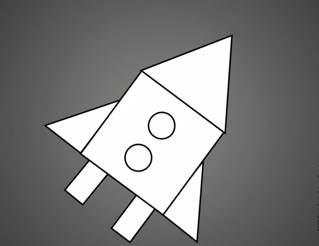 A simple black-and-white drawing of a rocket with two circular windows, a pointed nose cone, and two side fins