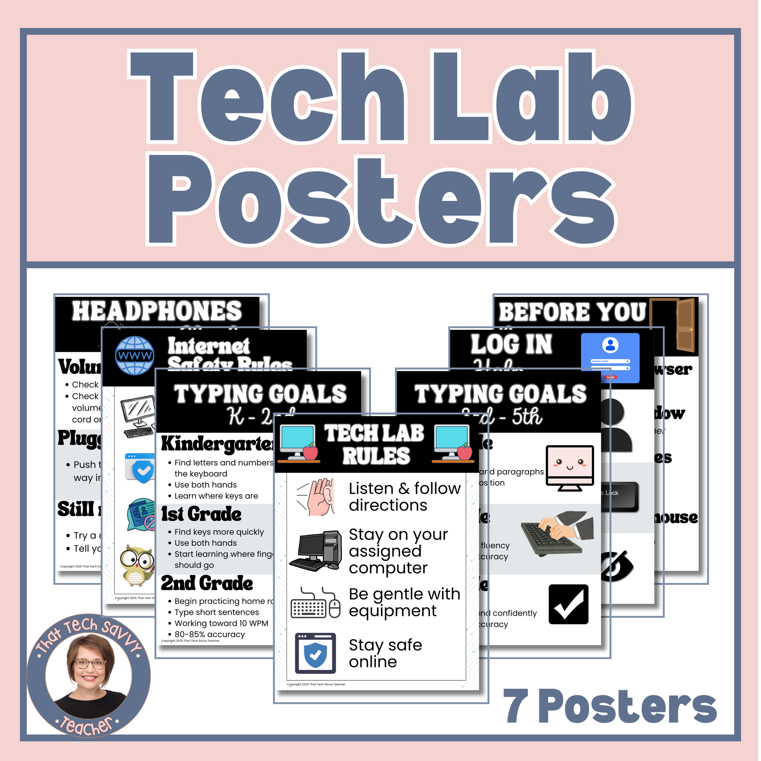 Tech Lab Posters | Lab Rules, Internet Safety, Typing Goals, Log In Help & More
