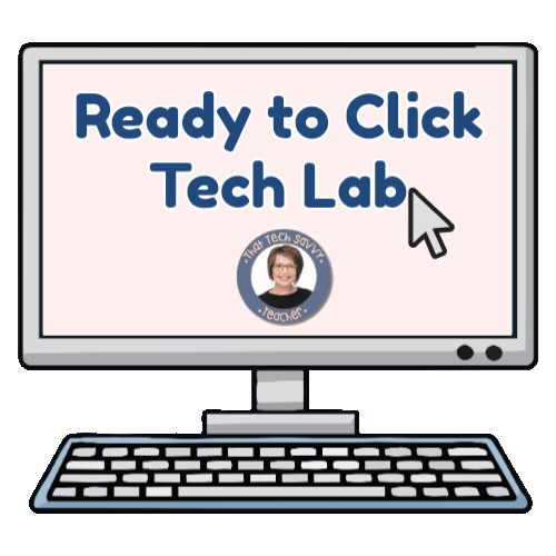 Computer monitor displaying the text 'Ready to Click Tech Lab' with a cursor icon and a small circular logo of a person, below the screen is a keyboard.