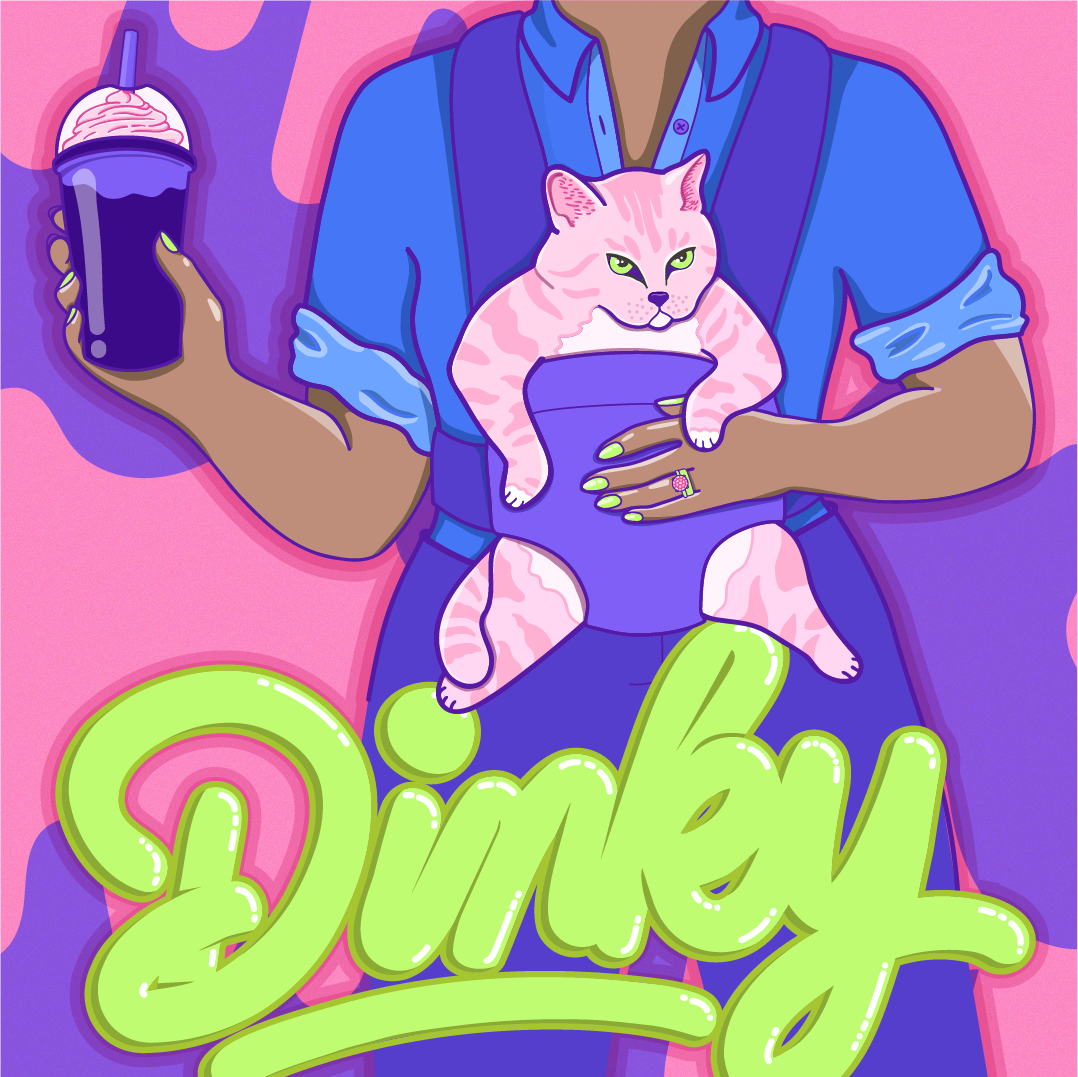 A person holding a purple cup with a pink drink and whipped cream, with a pink cat sitting inside the cup. The person has painted nails and a ring on their finger, and is wearing a blue shirt with rolled-up sleeves. The background features pink and purple abstract shapes, and the word "Dune" written in bright green stylized letters.