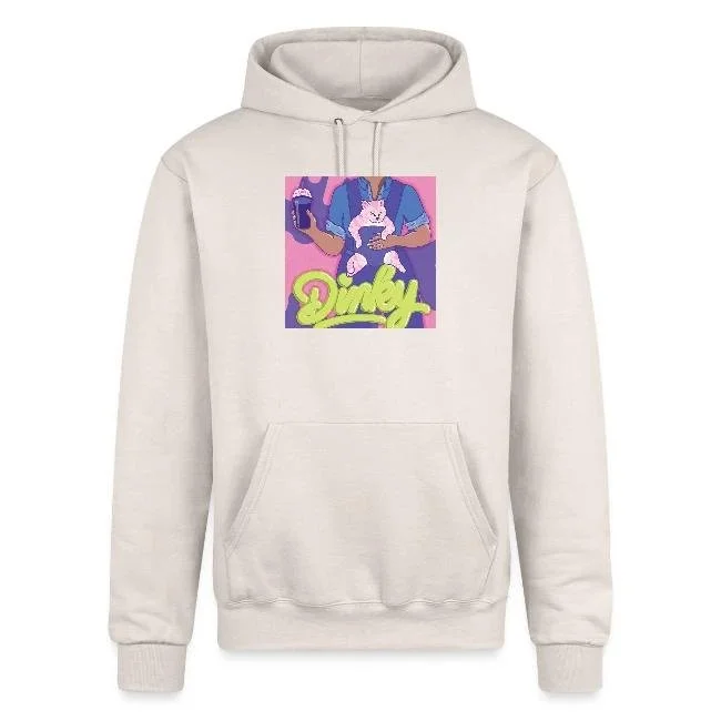 A white hoodie with a colorful graphic of a person holding a cat, featuring the word "Dimey" in neon yellow text.