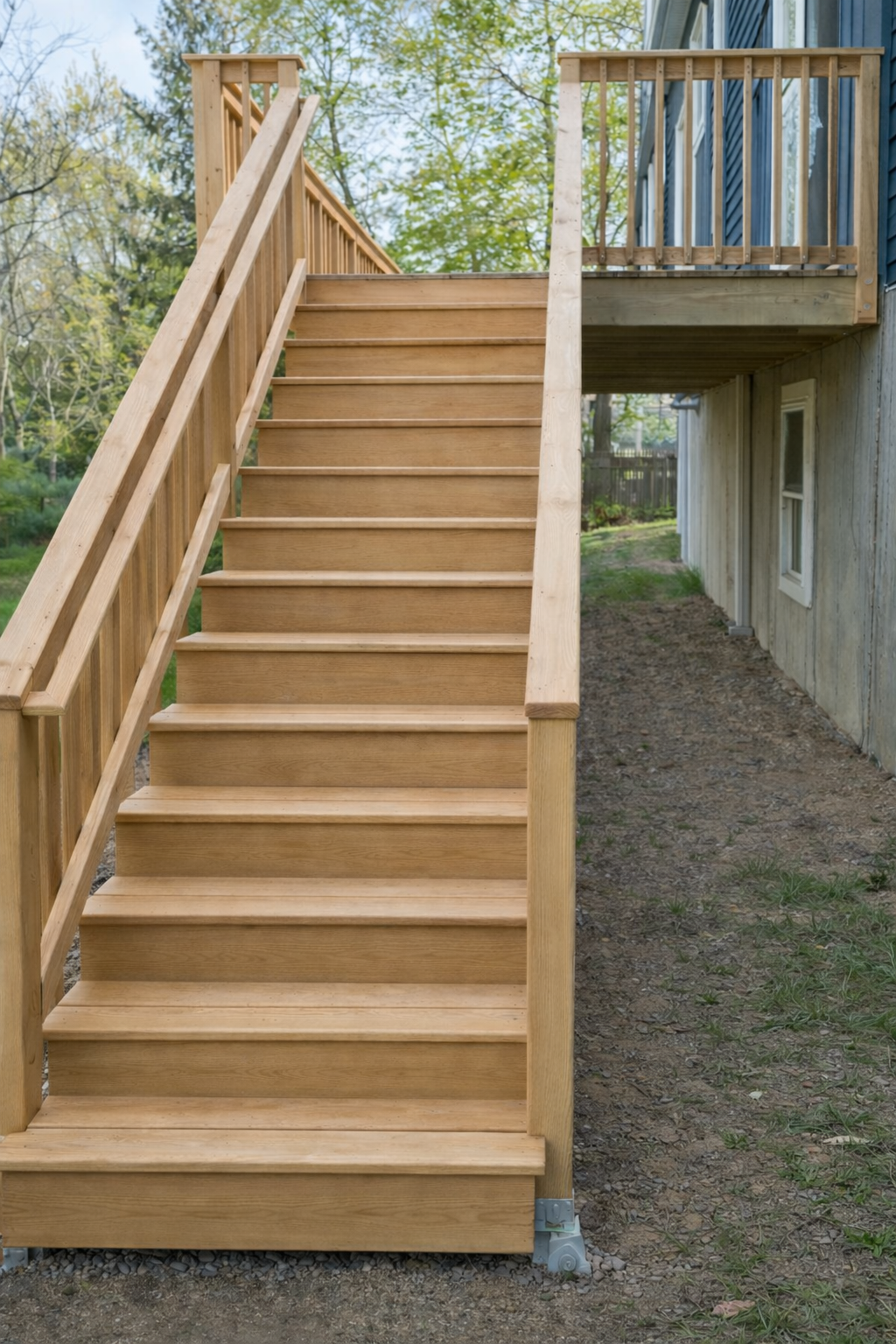 Wooden outdoor staircase with handrails leading up to a deck with a wooden railing, attached to a blue house with white window frames, surrounded by trees and greenery.