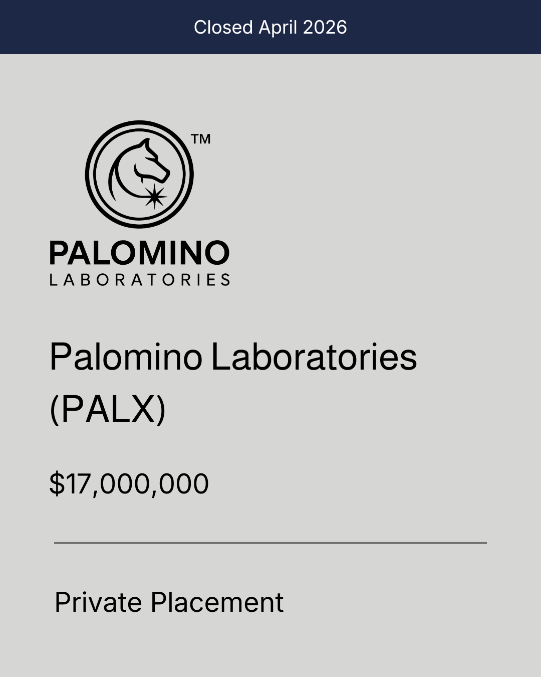 CRONE ADVISES PALOMINO LABORATORIES INC. ON $17 MILLION PRIVATE PLACEMENT
