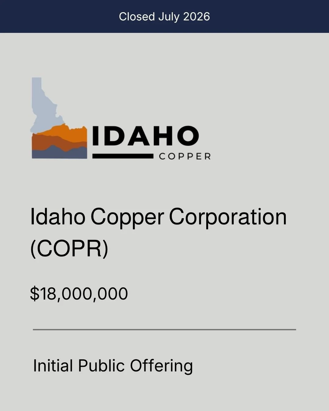 Crone Represents Idaho Copper Corporation in $18 Million Initial Public Offering and NYSE American Listing