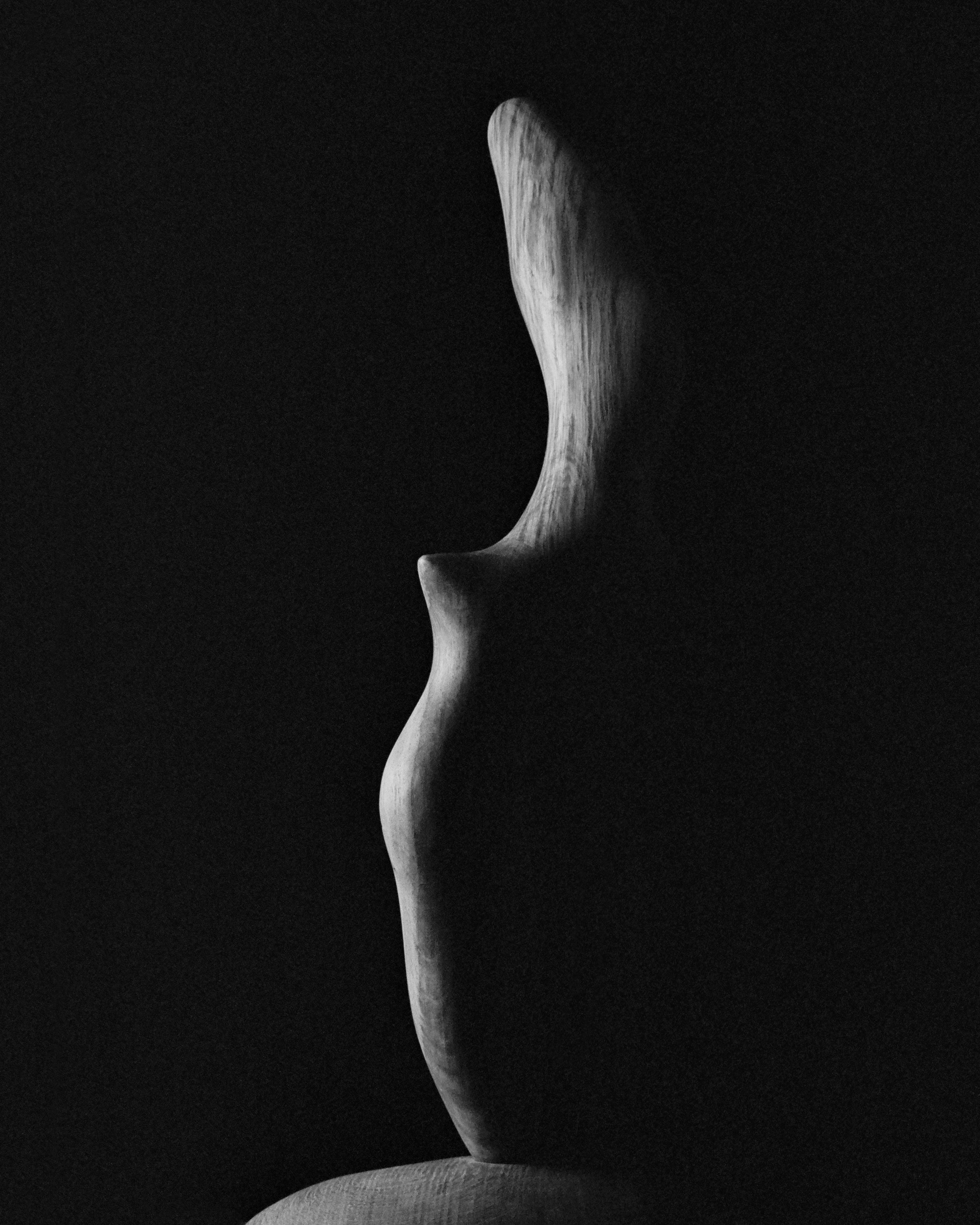 Une sculpture en forme de profil de visage humain en bois, en noir et blanc.