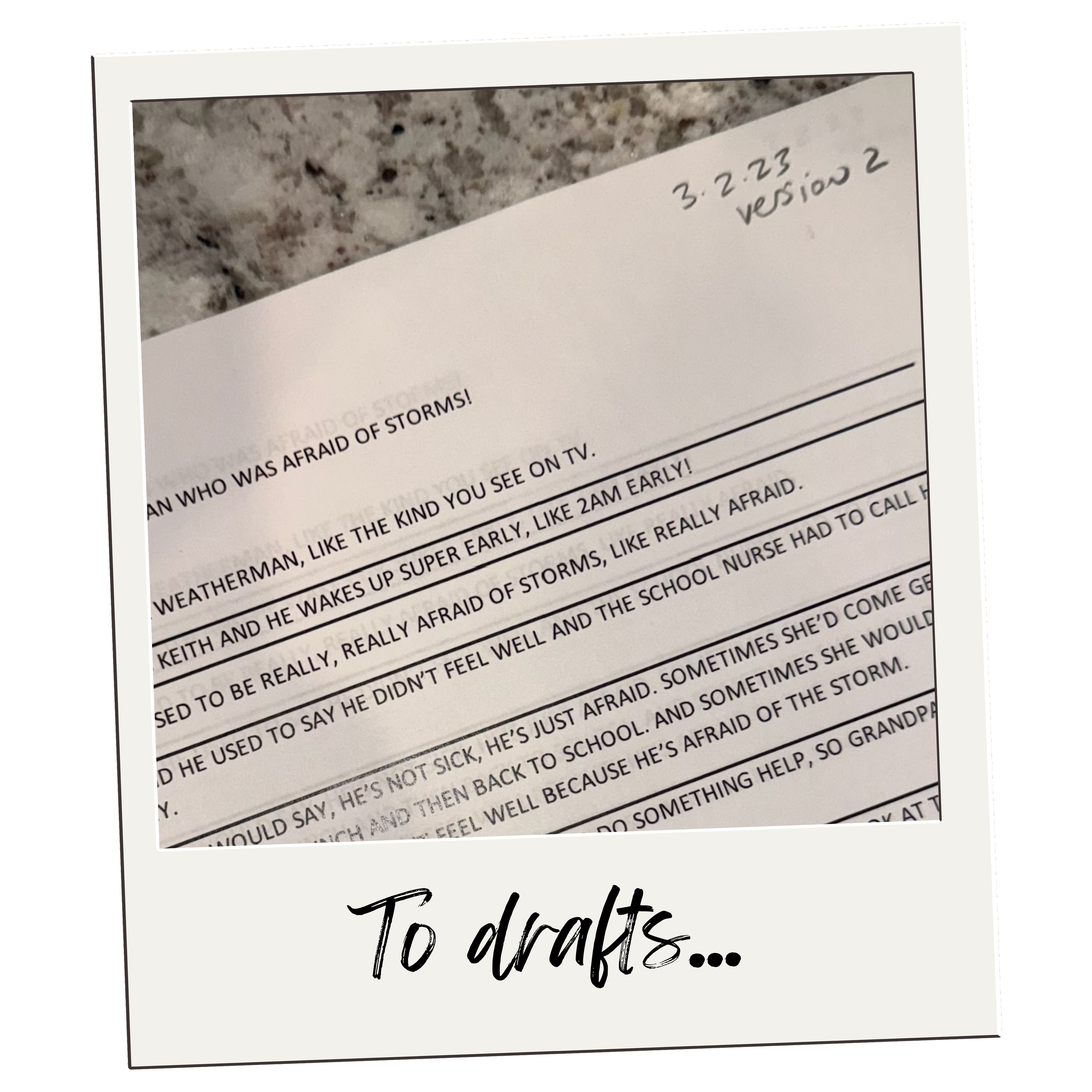 A handwritten note on a lined paper with a printout that contains text about Keith, a weatherman character. The note is written on a piece of paper with the words 'To drafts...' written at the bottom and the date 3.2.23 with version 2 in the top right corner.