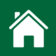 A simple icon of a house with a gable roof on a green background.