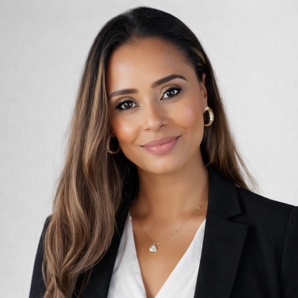 Portrait of a smiling woman with long brown hair, wearing a black blazer, white top, and gold jewelry, against a plain light background.