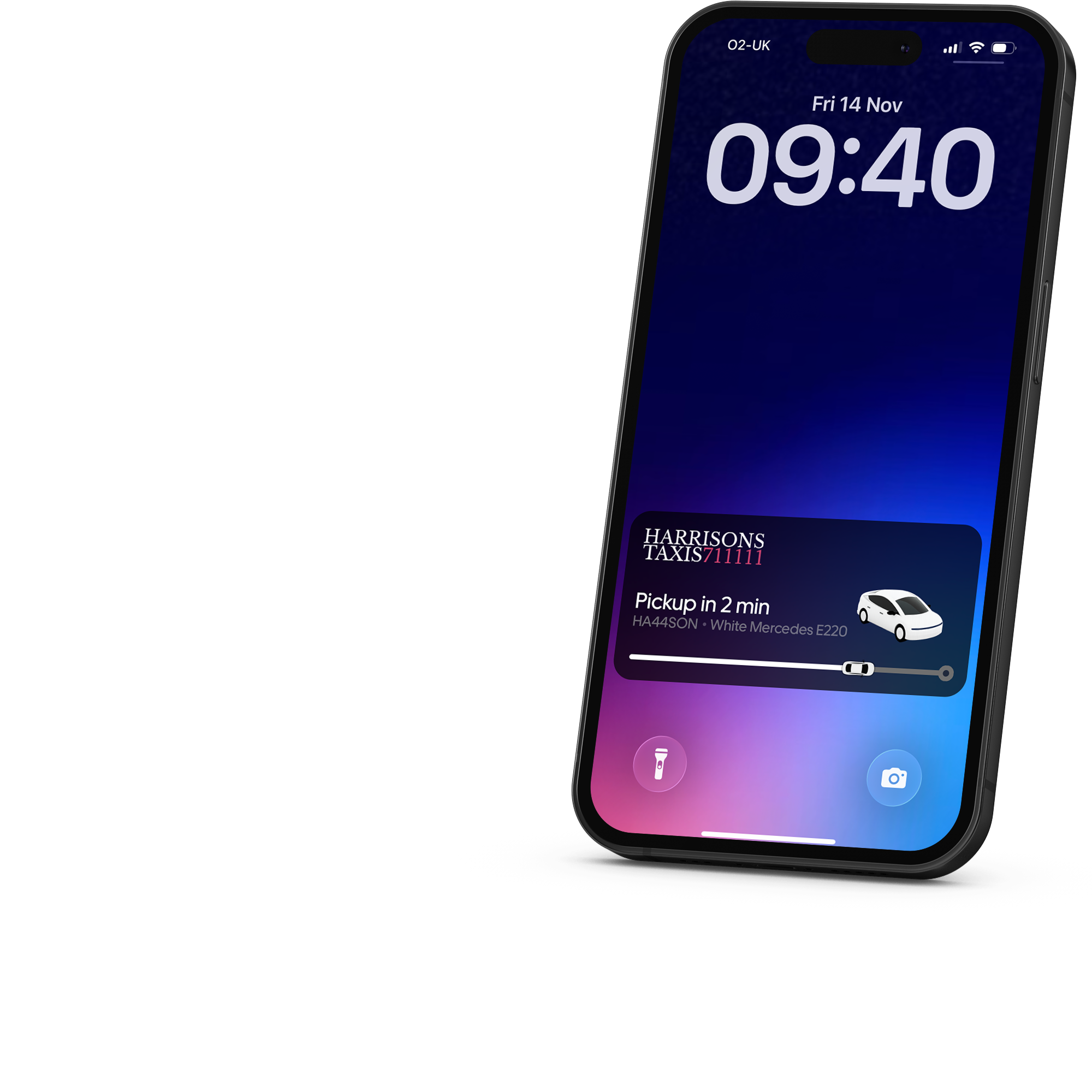 Smartphone screen showing Harrisons Taxis app with a taxi booking notification for a White Mercedes E220 pickup in 2 minutes.