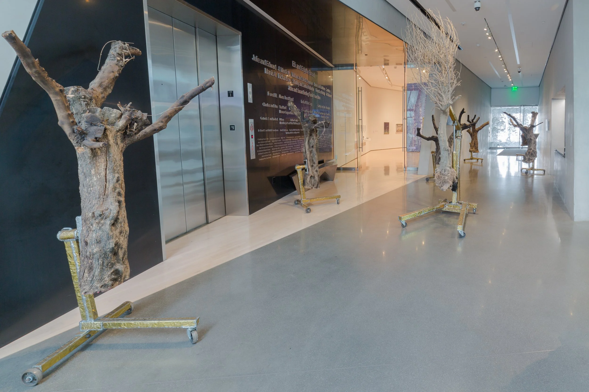 Exhibition display of multiple bare, gnarled tree sculptures on wheeled stands inside a modern art gallery with a black and glass wall, artwork, and a well-lit hallway with a glass door at the end.