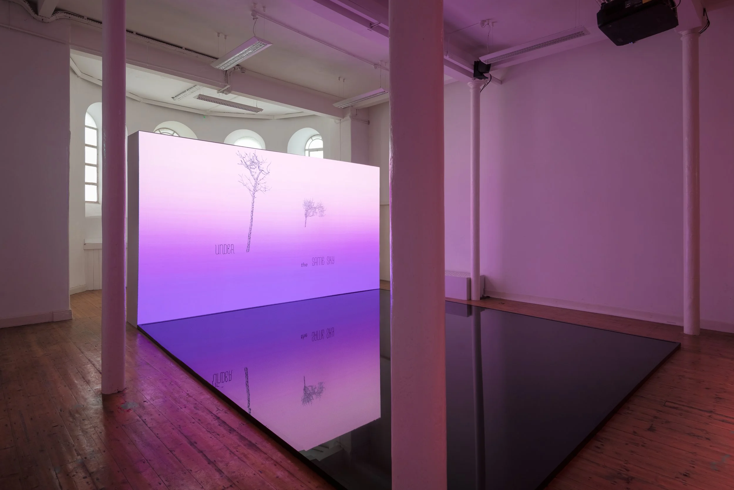An art installation in a gallery with a glowing purple and pink screen displaying silhouettes of trees and text. The room has white walls, tall arched windows, and a reflective black floor.