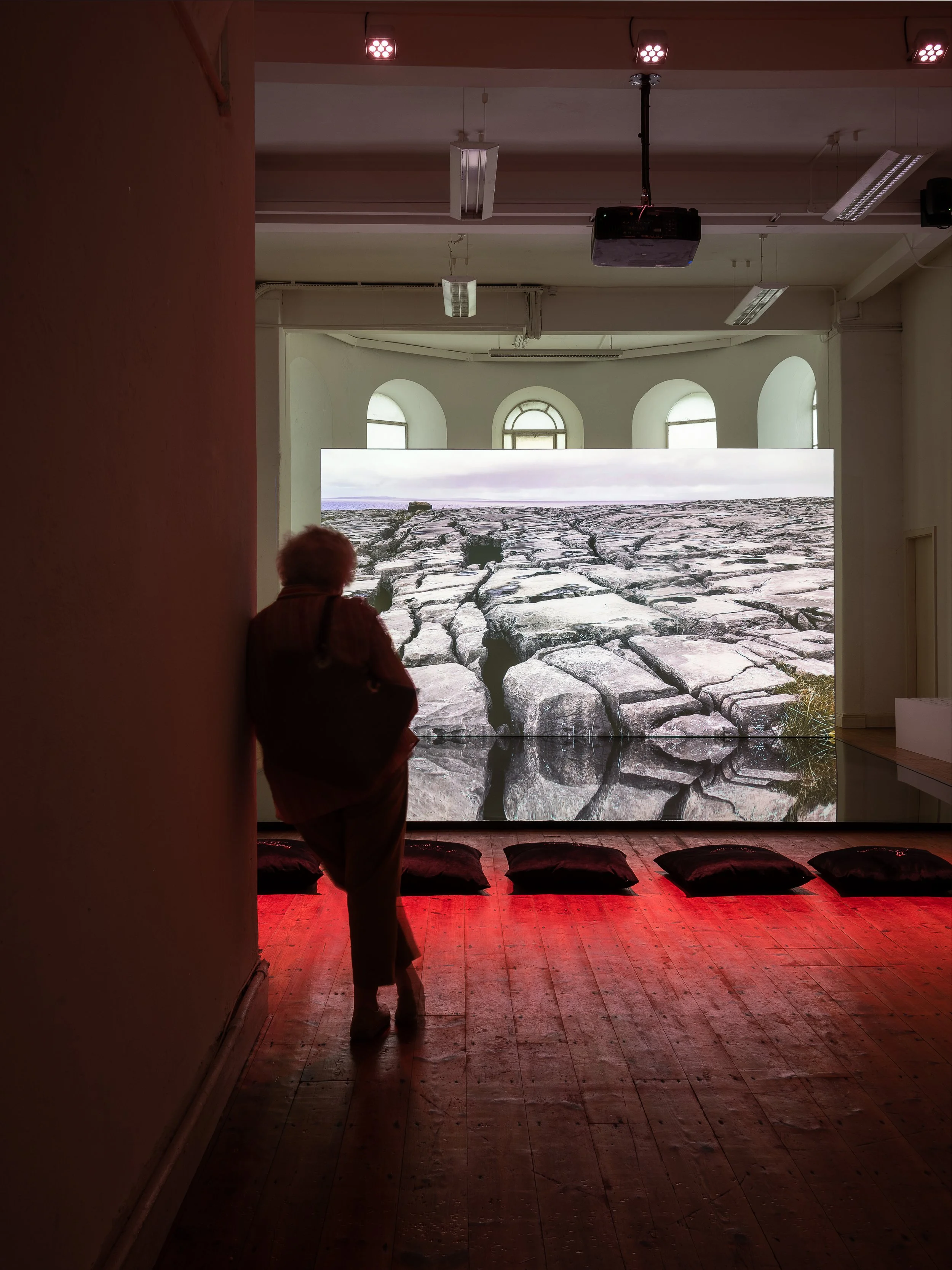 A person standing in a dimly lit room with a large digital screen displaying a rocky landscape. The room has a wooden floor, cushion seating, and arched windows in the background.