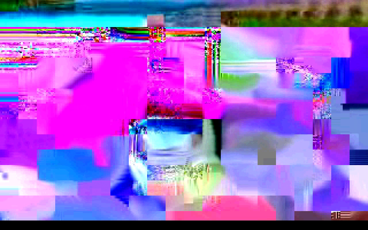 A still image of a distorted computer screen, with pixellated images, vivid colours and illegible text