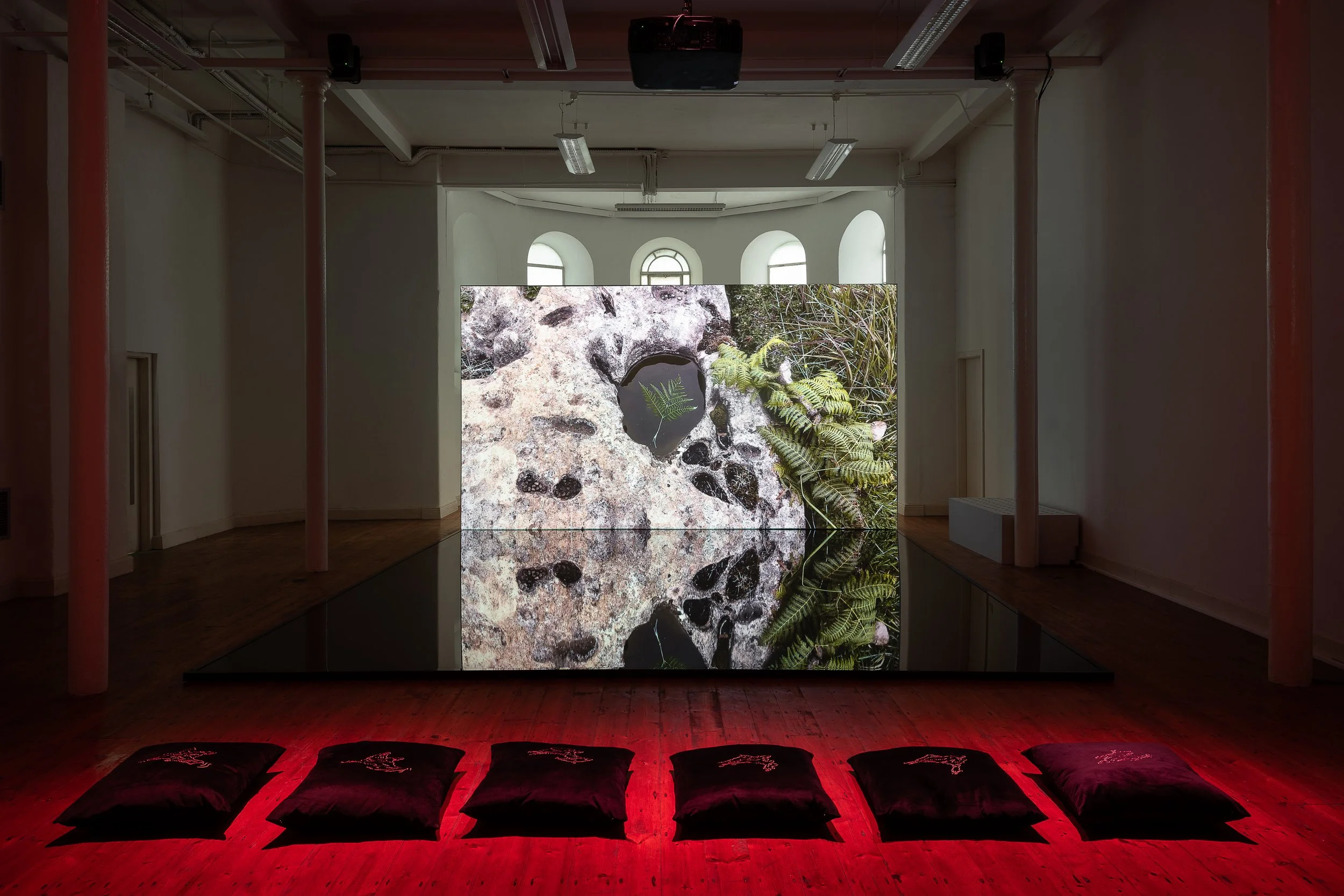 An art installation with a large screen displaying a nature scene of rocks and plants. Five black pillows with white designs are arranged on the wooden floor in front of the screen, illuminated by red lighting.