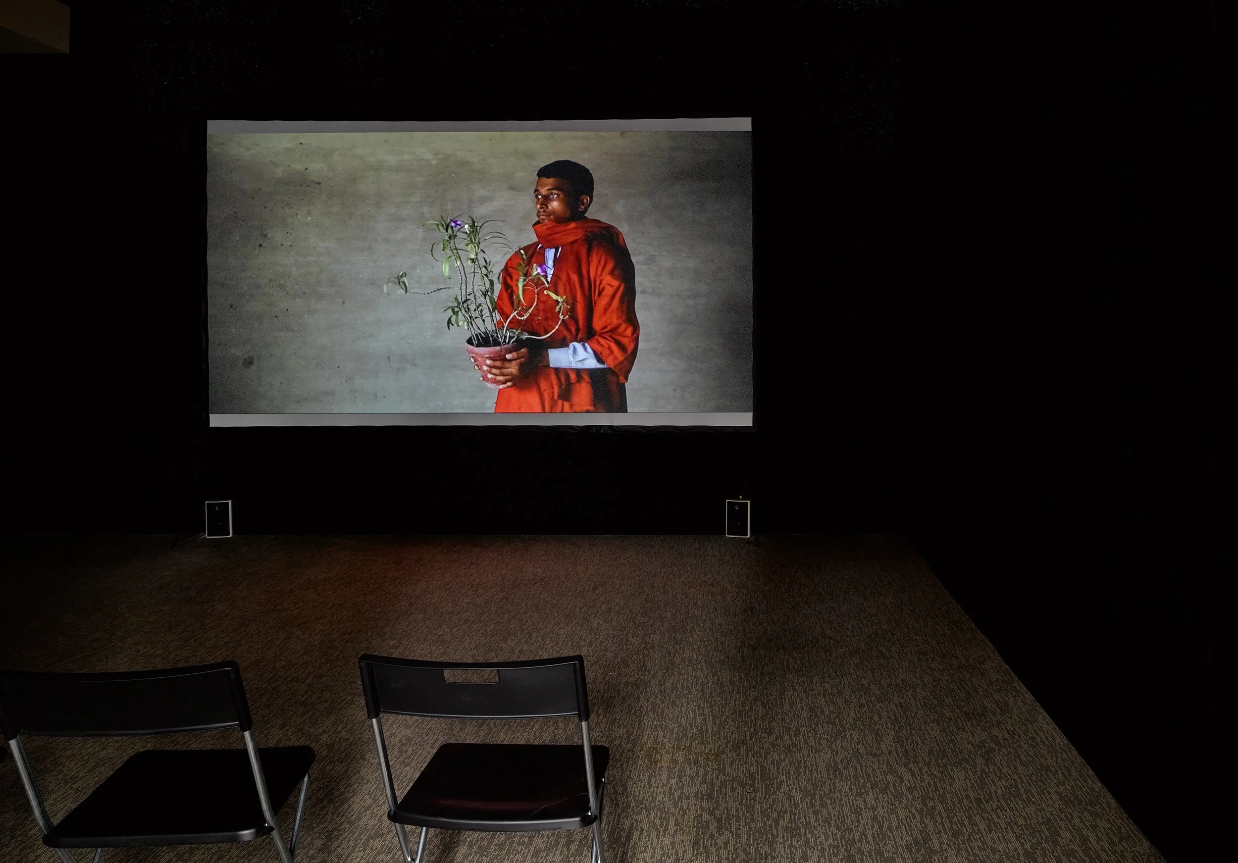 A small movie theater with a large screen showing a man in a red jacket holding a potted plant, standing against a gray wall. There are two empty chairs in front of the screen.