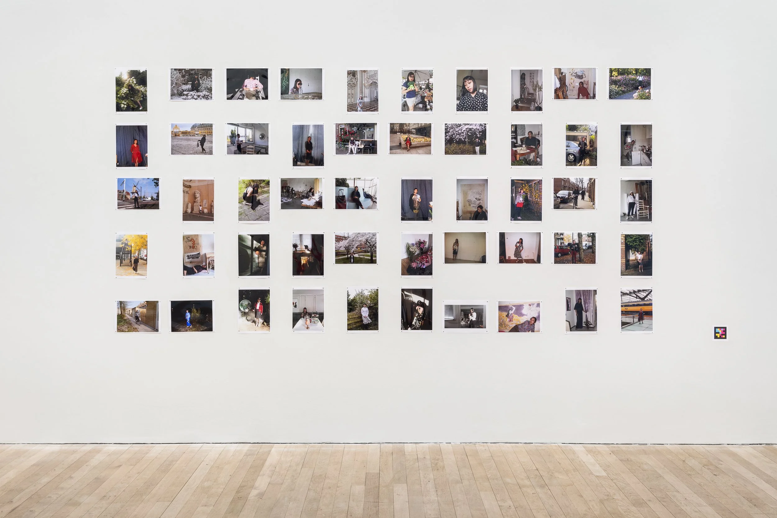 Wall display of multiple small photographs arranged in a grid in a gallery setting.