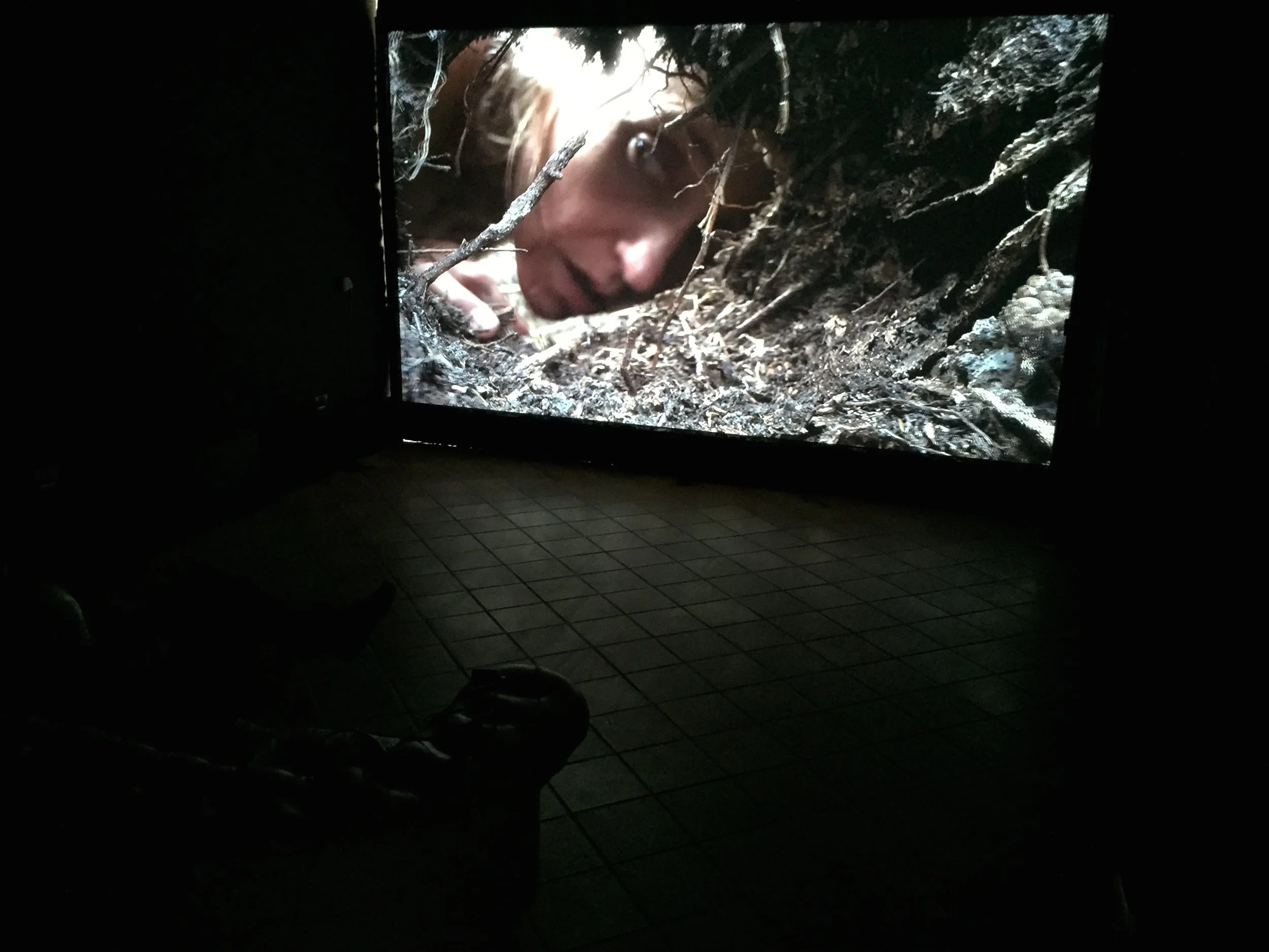 A person with blonde hair observes soil and roots through a hole in the ground, possibly during a geological or archaeological exploration.