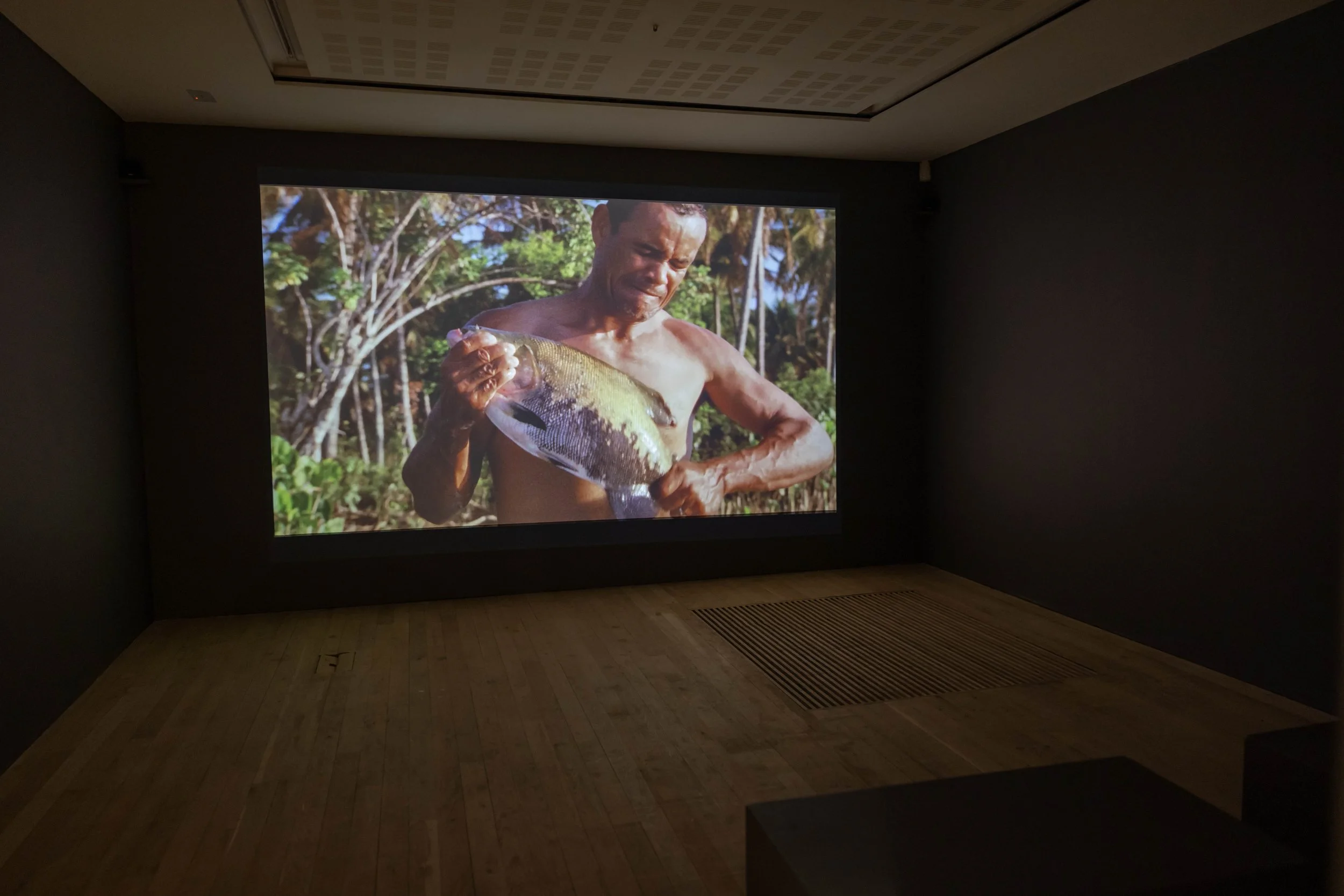 A man holding a fish with a jungle background, displayed on a movie screen in a dark room.