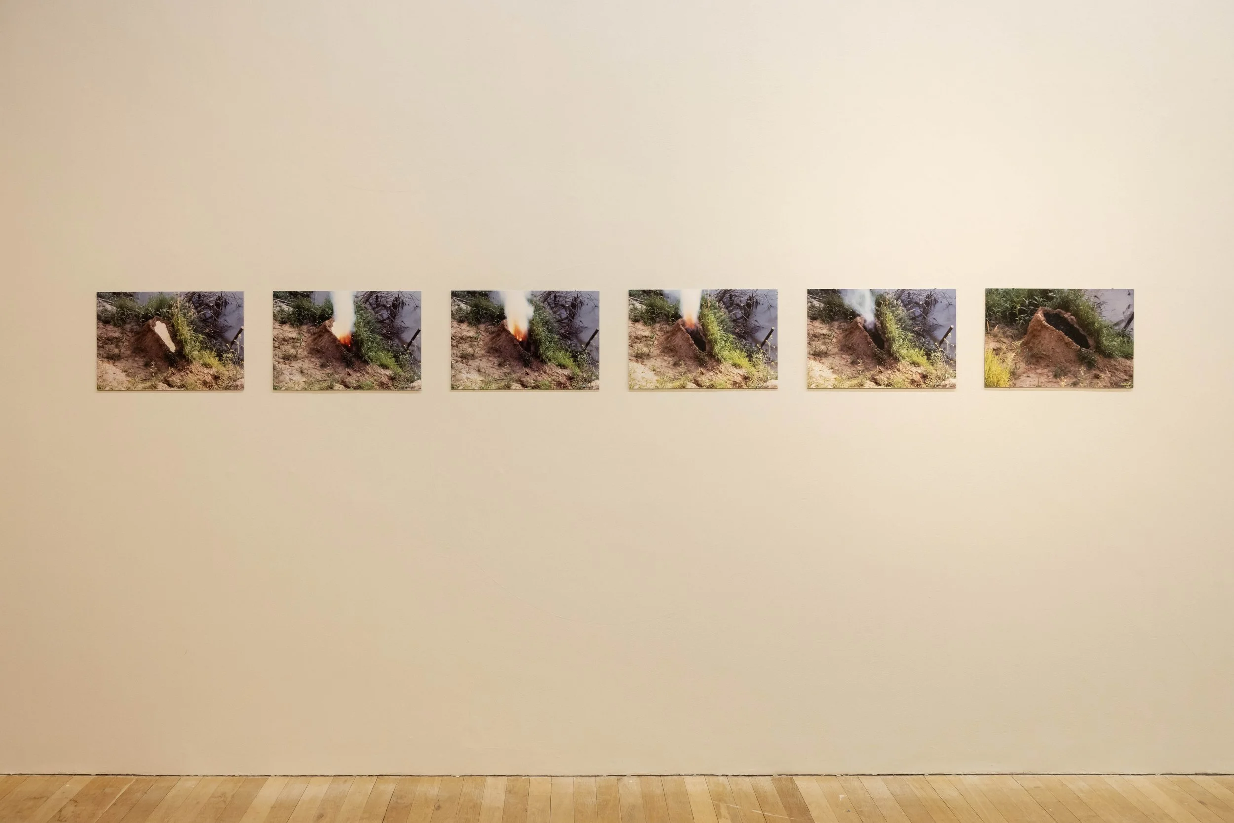 Six photographs arranged in a horizontal row depicting the sequence of a small controlled fire on a patch of ground, with smoke rising from the burning area.