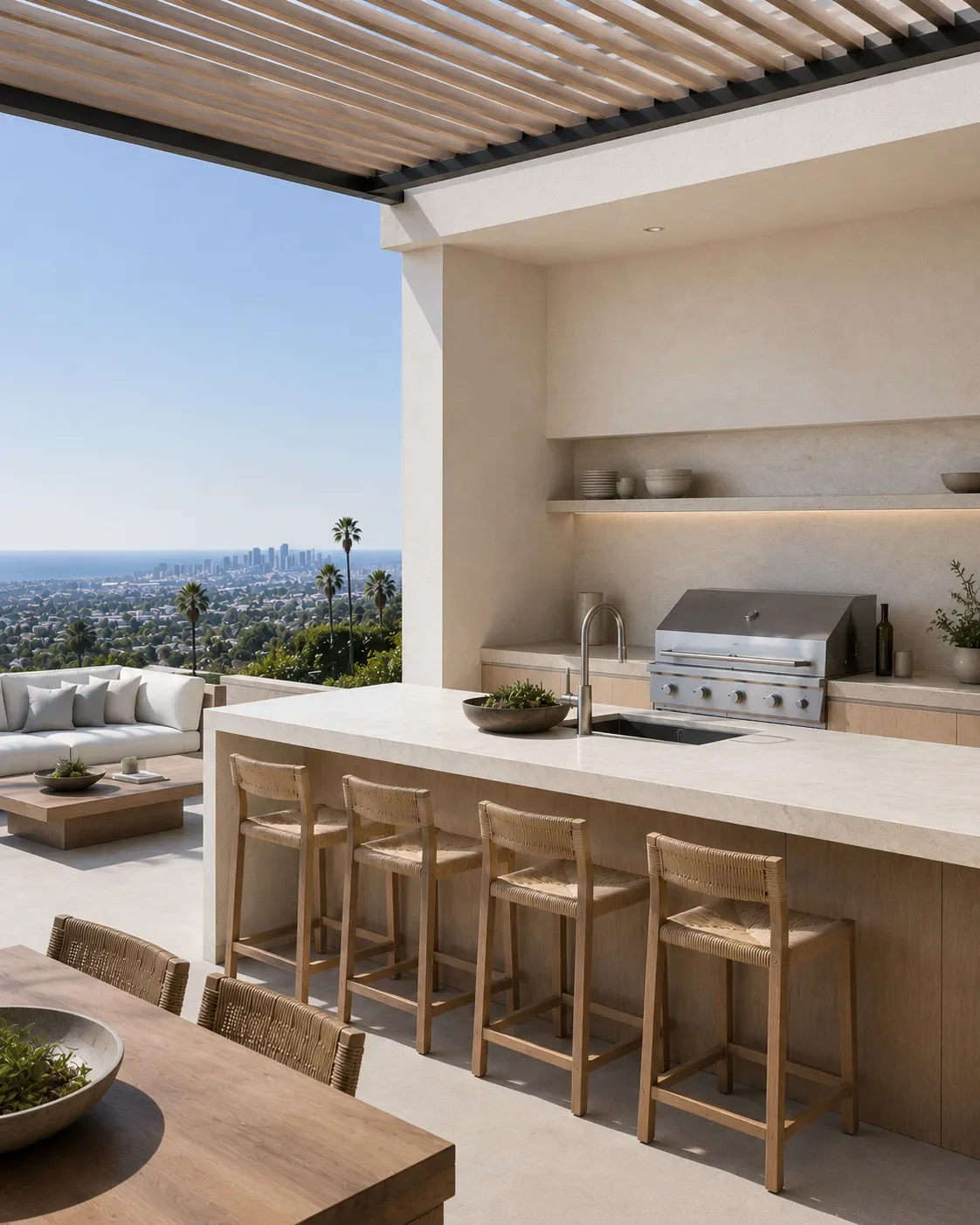 Outdoor kitchen design with built-in grill and bar seating | KP Design Studio