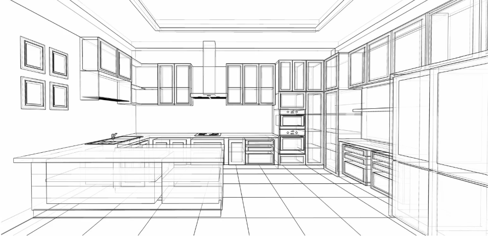 Custom kitchen design floor plan with island and built-in appliances | KP Design Studio