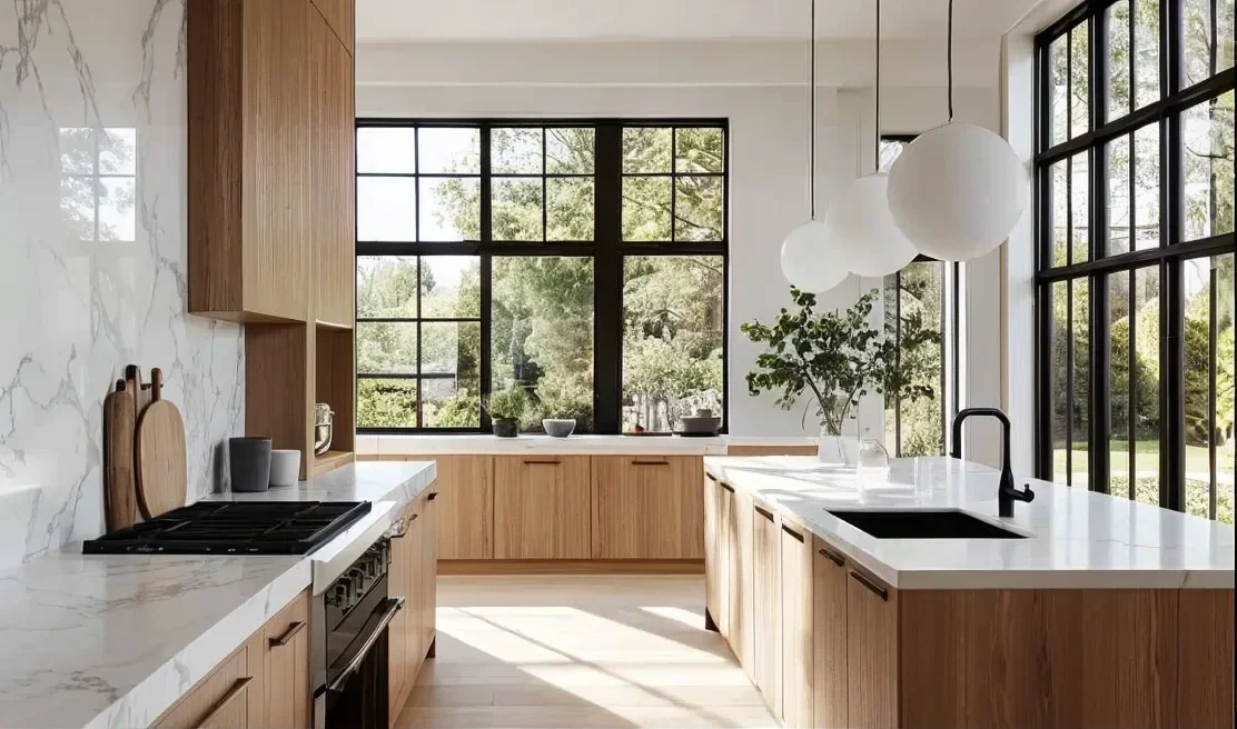Kitchen design with white marble countertops, wood cabinetry, and black steel windows | KP Design Studio