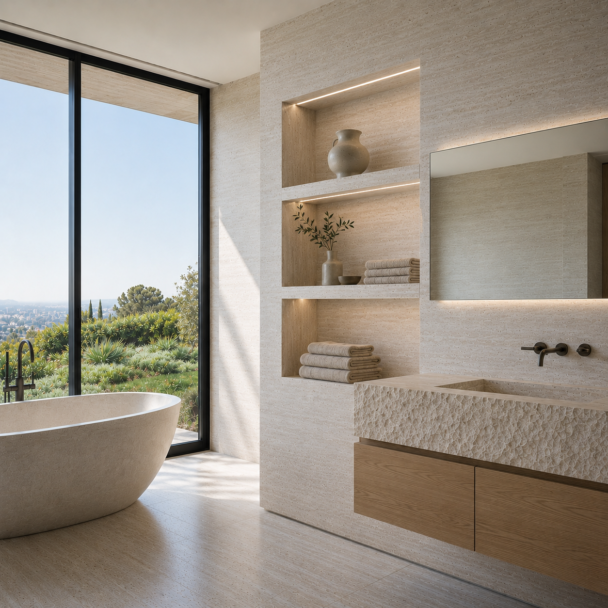 Bathroom design with freestanding bathtub, floor-to-ceiling windows, and open shelving | KP Design Studio