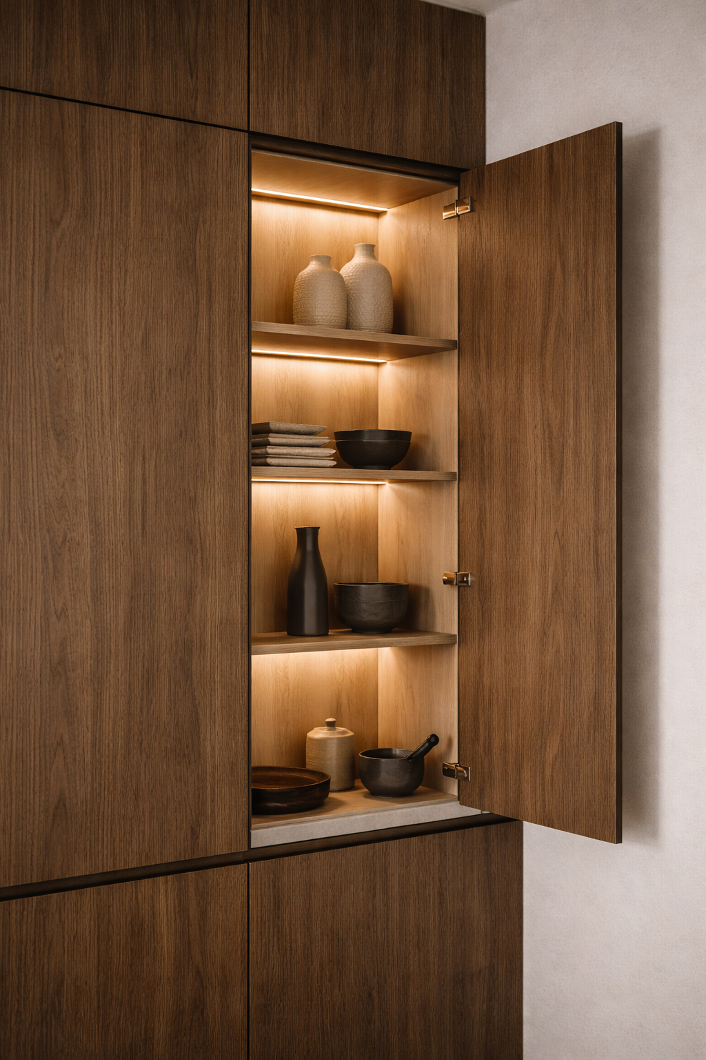 Open wooden cabinet displaying decorative pottery and dishes, with integrated lighting inside.