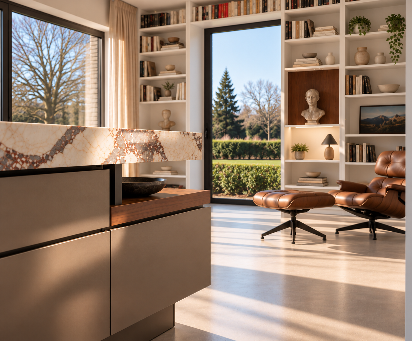 Detail of the veined stone island edge and walnut shelf, with the library shelving and garden window beyond